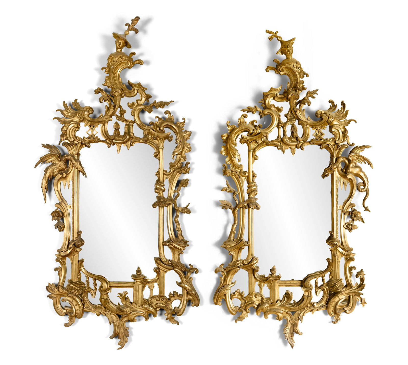 A PAIR OF CARVED GILTWOOD WALL MIRRORS IN THE ROCOCO CHINOISERIE STYLE, 19TH CENTURY each with (1 of 8)