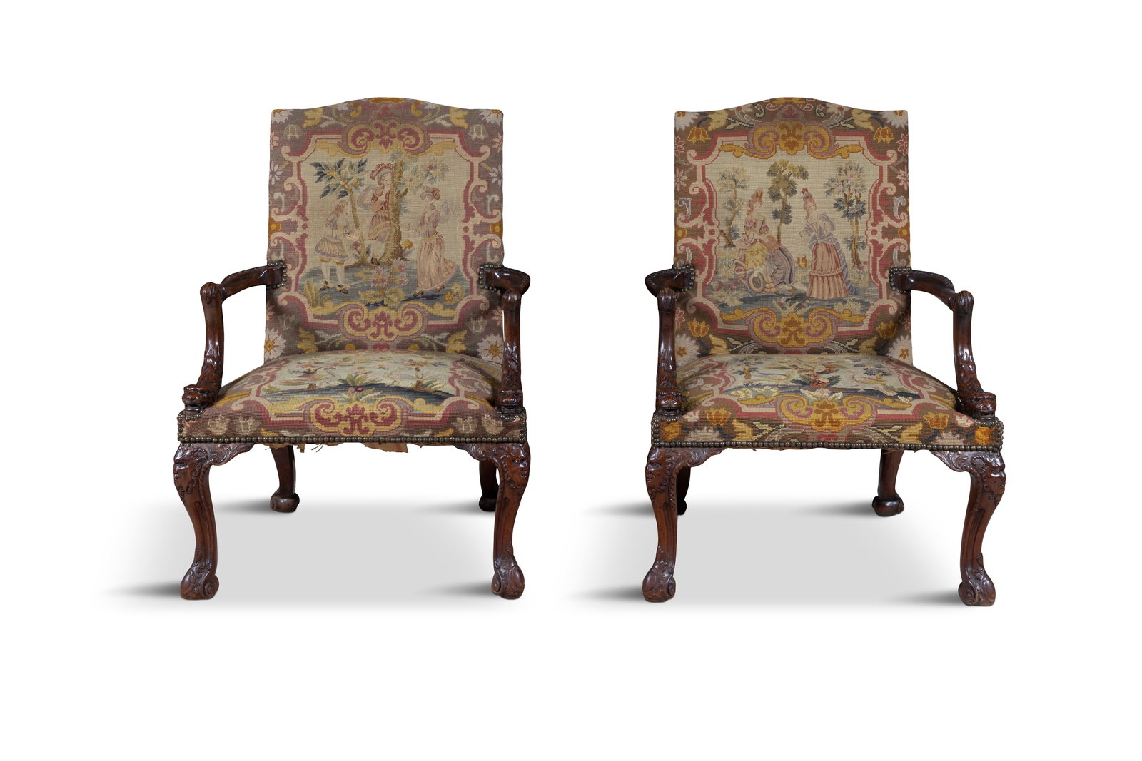 A FINE PAIR OF GEORGE II MAHOGANY FRAMED NEEDLEWORK UPHOLSTERED OPEN ARMCHAIRS, each with a shaped (1 of 6)
