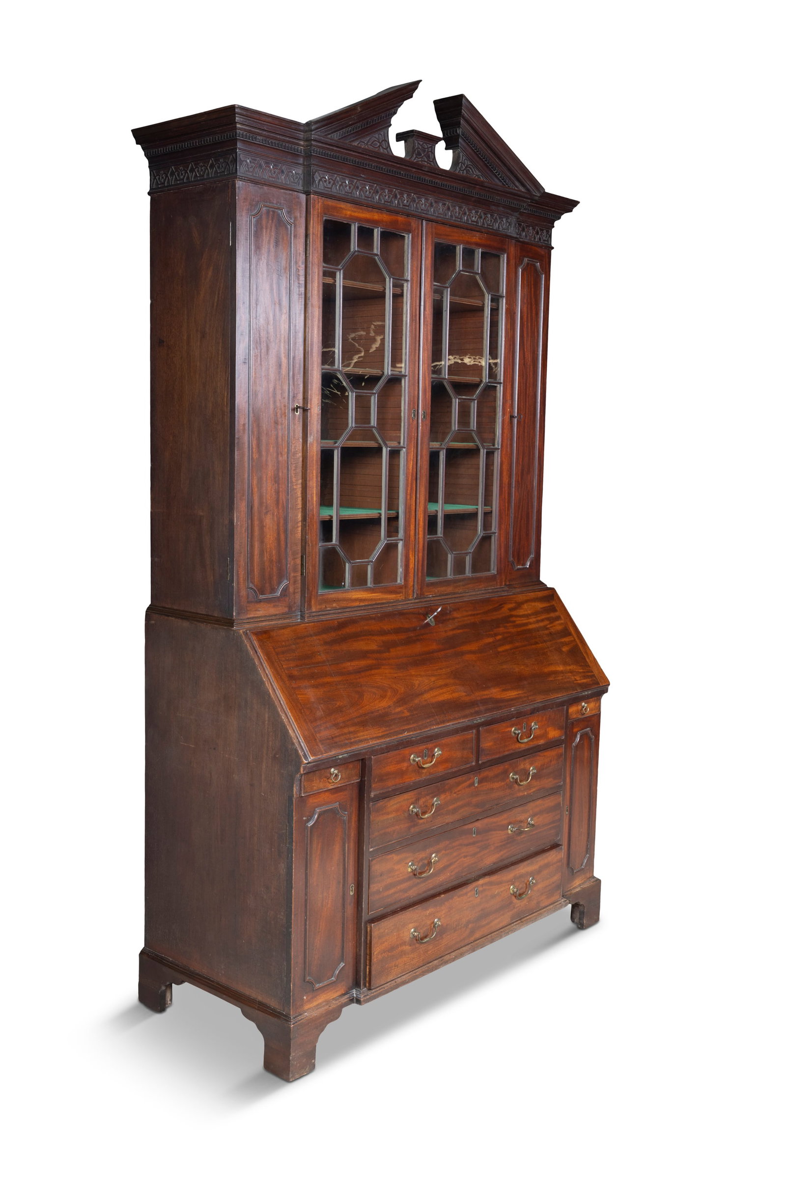 A GEORGE III MAHOGANY SECRETAIRE‑BOOKCASE, the broken‑pediment cornice with dentil and (1 of 6)
