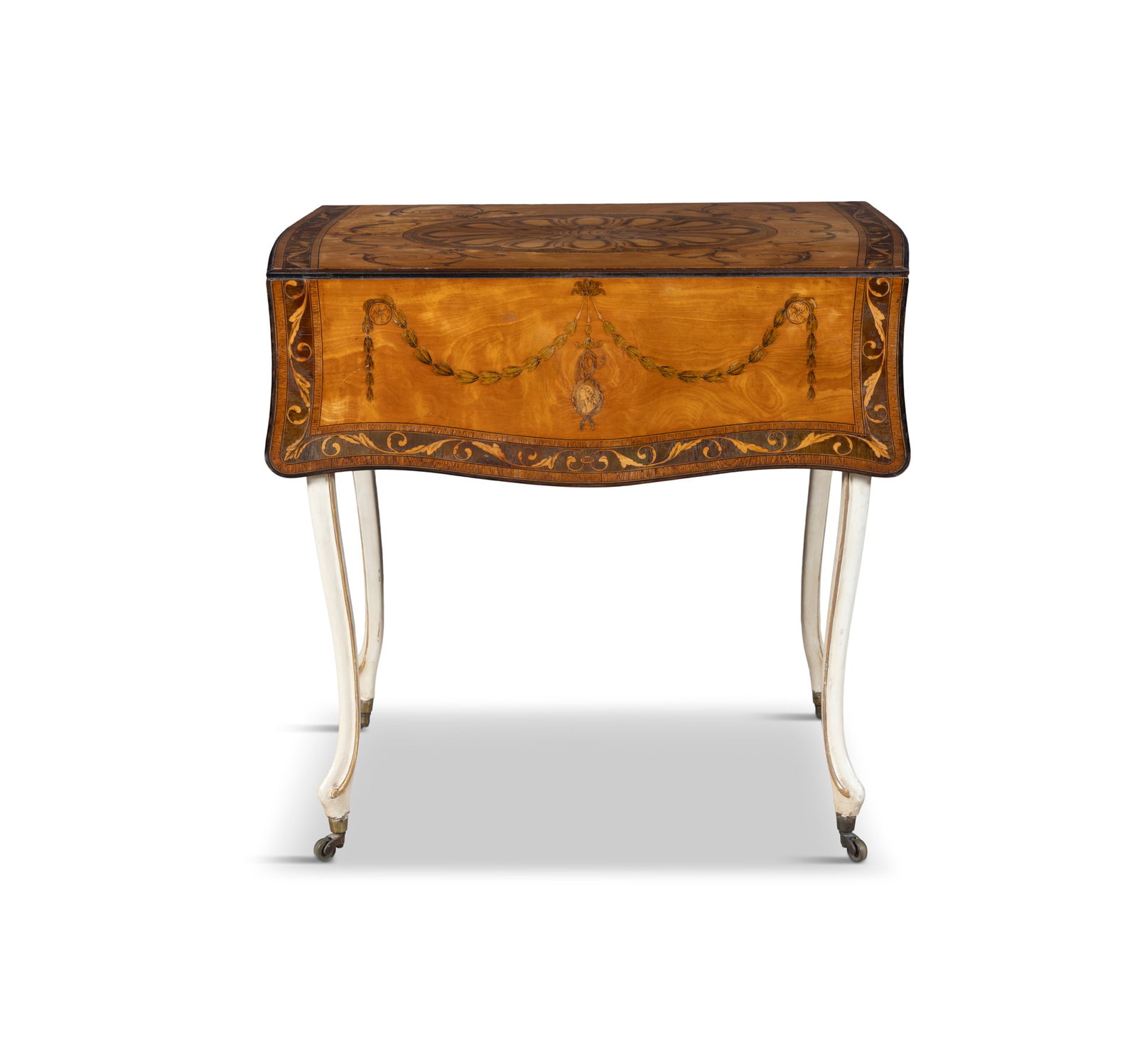 A GEORGE III SATINWOOD AND MARQUETRY, WHITE PAINTED AND PARCEL GILT PEMBROKE TABLE ATTRIBUTED TO (1 of 11)