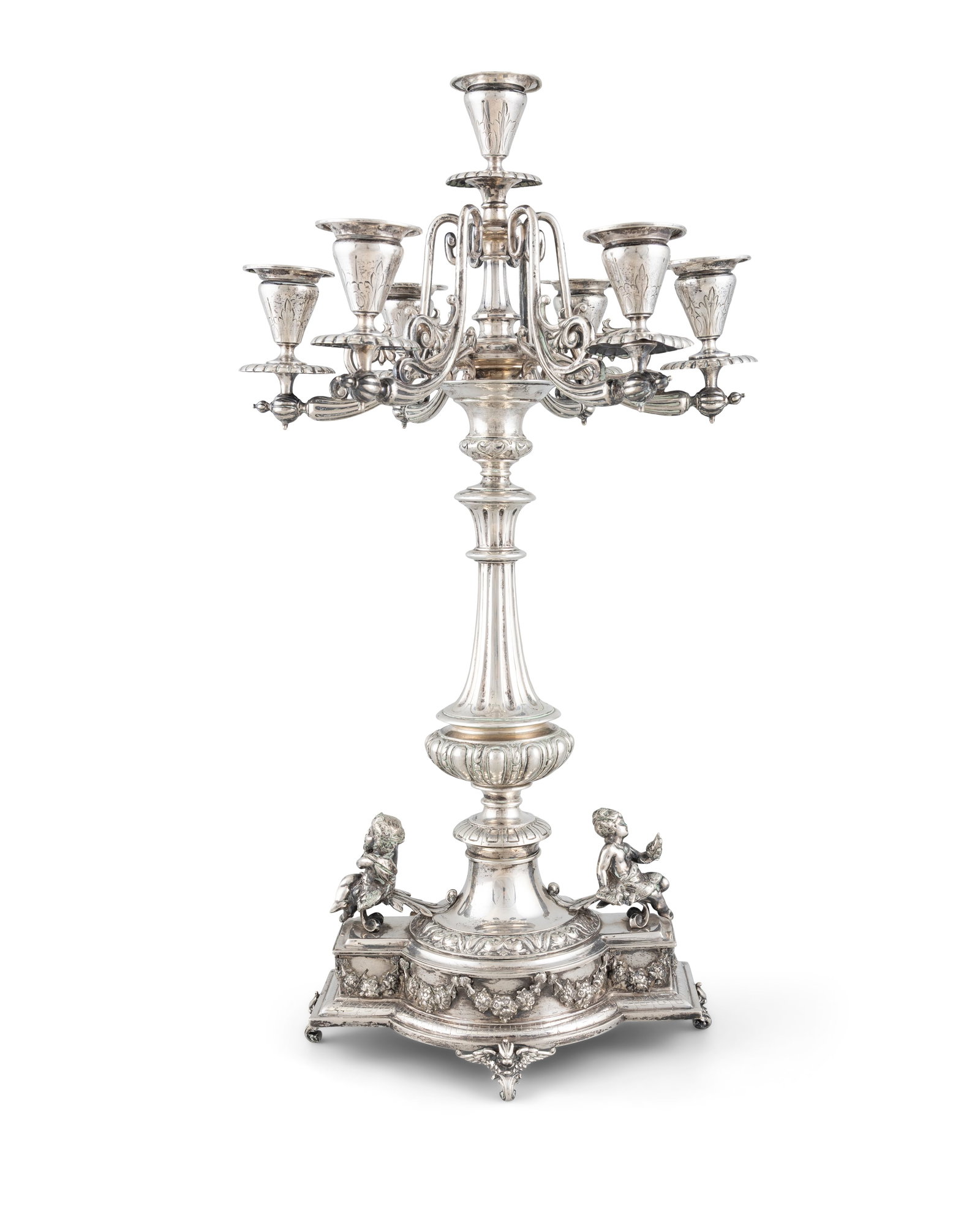 AN IMPRESSIVE AUSTRIAN SILVER SEVEN-BRANCH CANDELABRA, c.1867, with '950' standard mark, and (1 of 6)