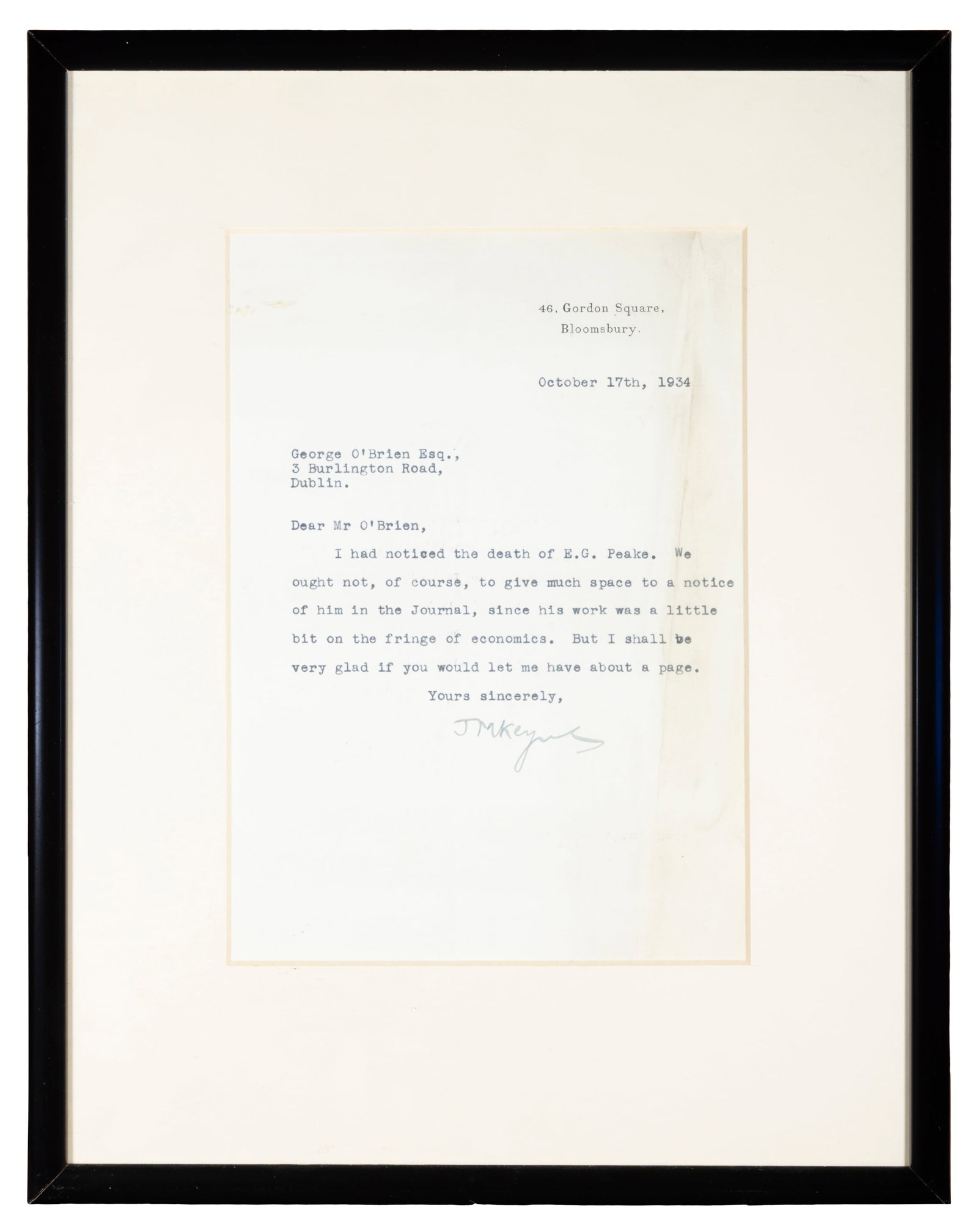 KEYNES, JOHN MAYNARD (1882-1946) Typed letter signed in full by John Maynard Keynes, single sheet (1 of 3)