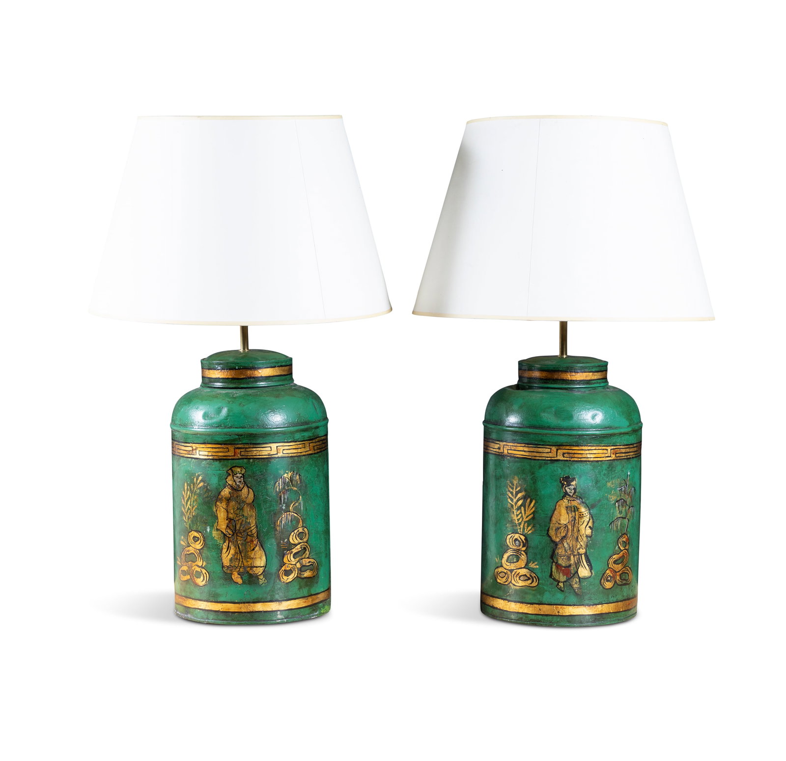 A PAIR OF TOLEWARE TEA CANNISTERS CONVERTED TO LAMPS, painted green with chinoiserie design, and (1 of 4)