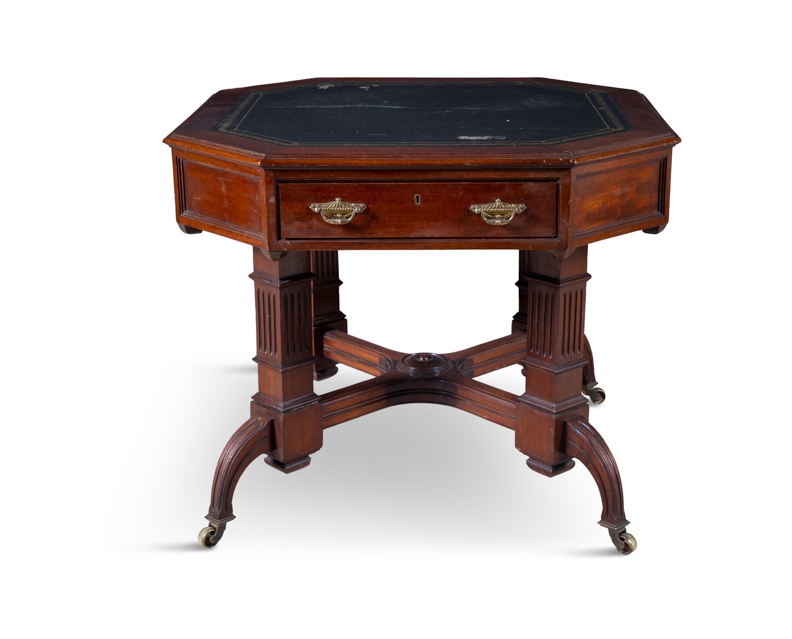 A 19TH CENTURY MAHOGANY LIBRARY TABLE, of shaped rectangular form, with four canted corners, the (1 of 6)