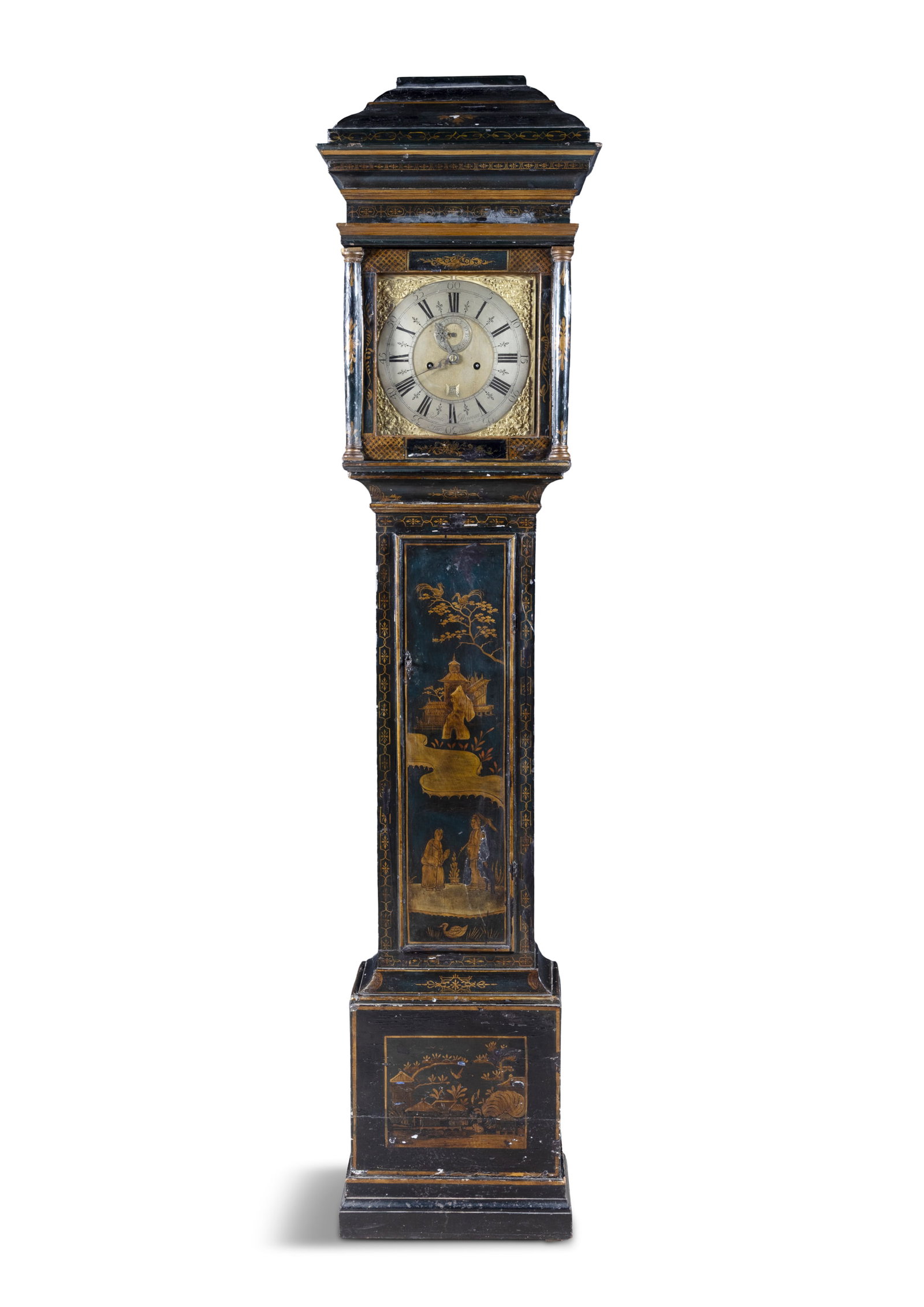 AN 18TH CENTURY ENGLISH BLACK JAPANNED LONGCASED CLOCK, the dial signed Edward Browne of Norwich, (1 of 11)
