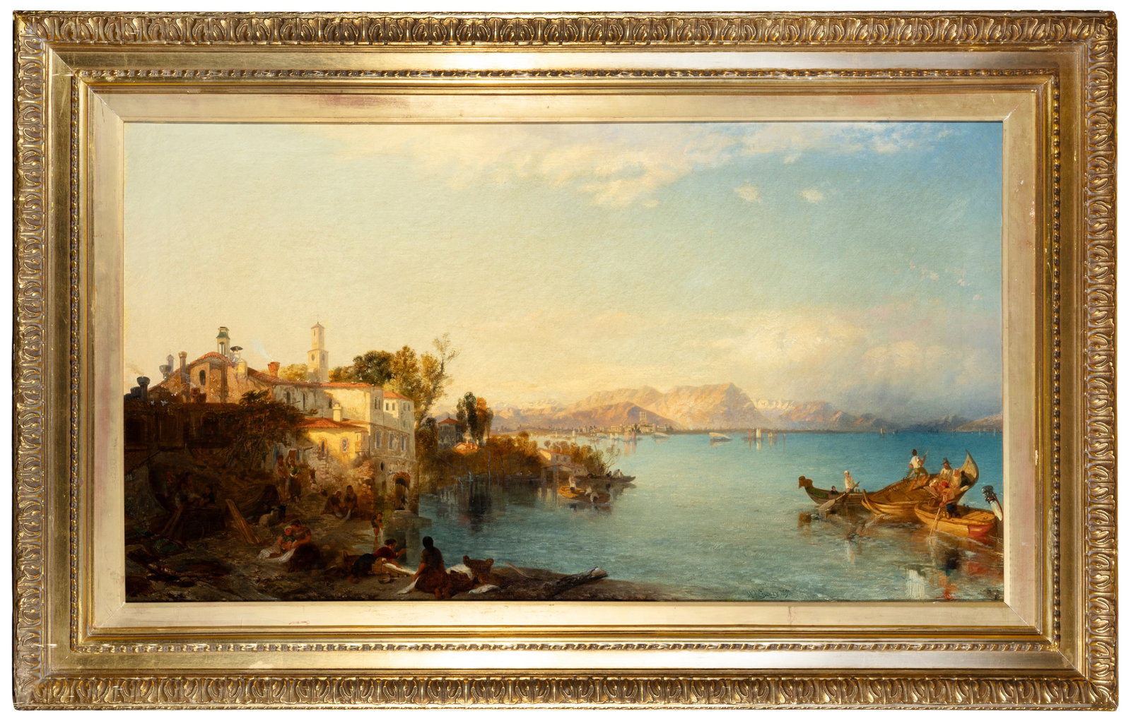 JAMES VIVIEN DE FLEURY (1847-1902) A Mediterranean Coastal Scene, with Figures in Boats Offshore: JAMES VIVIEN DE FLEURY (1847-1902) A Mediterranean Coastal Scene, with Figures in Boats Offshore Evening Oil on canvas, 56 x 102cm (22 x 40) Signed and dated 1850, lower right.