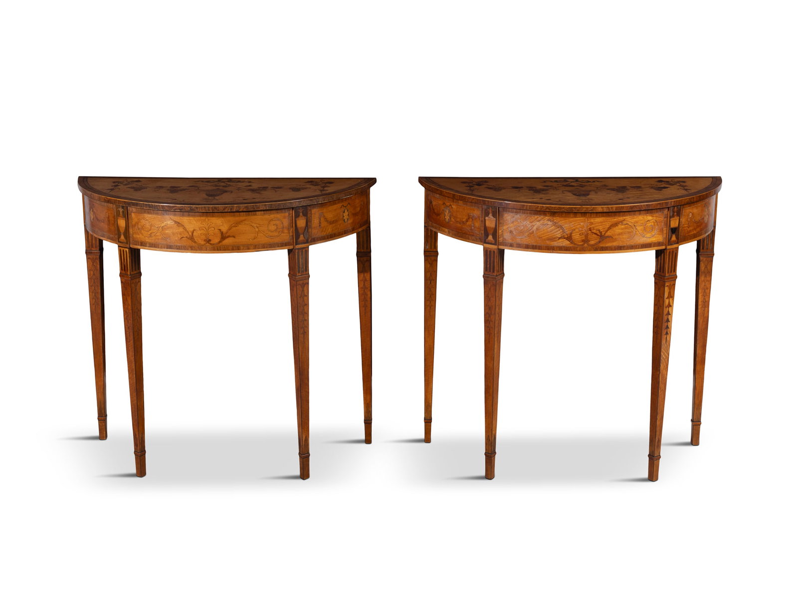 A PAIR OF GEORGE III SATINWOOD AND MARQUETRY SIDE TABLES OF COMPACT DEMI-LUNE FORM, ATTRIBUTED TO (1 of 6)