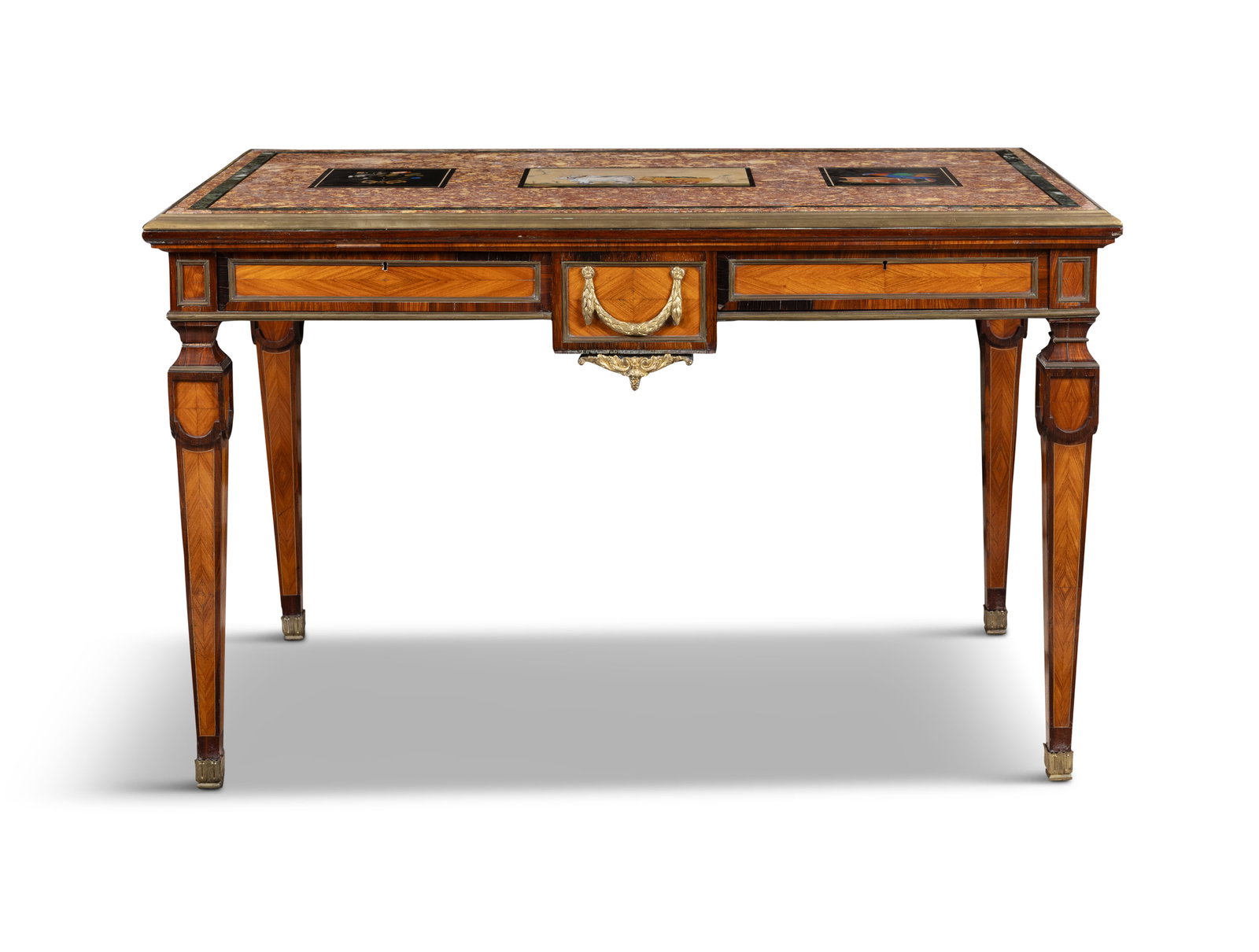 A MID-VICTORIAN ORMOLU-MOUNTED KINGWOOD AND TULIPWOOD CENTRE TABLE OF LOUIS XVI STYLE, IN THE MANNER (1 of 12)