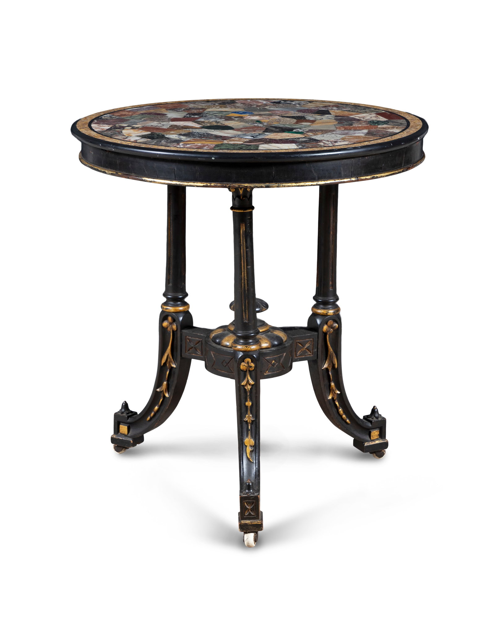 AN EBONISED AND GILT DECORATED 'SPECIMEN MARBLE' CENTRE TABLE, 19TH CENTURY the circular top inset (1 of 5)