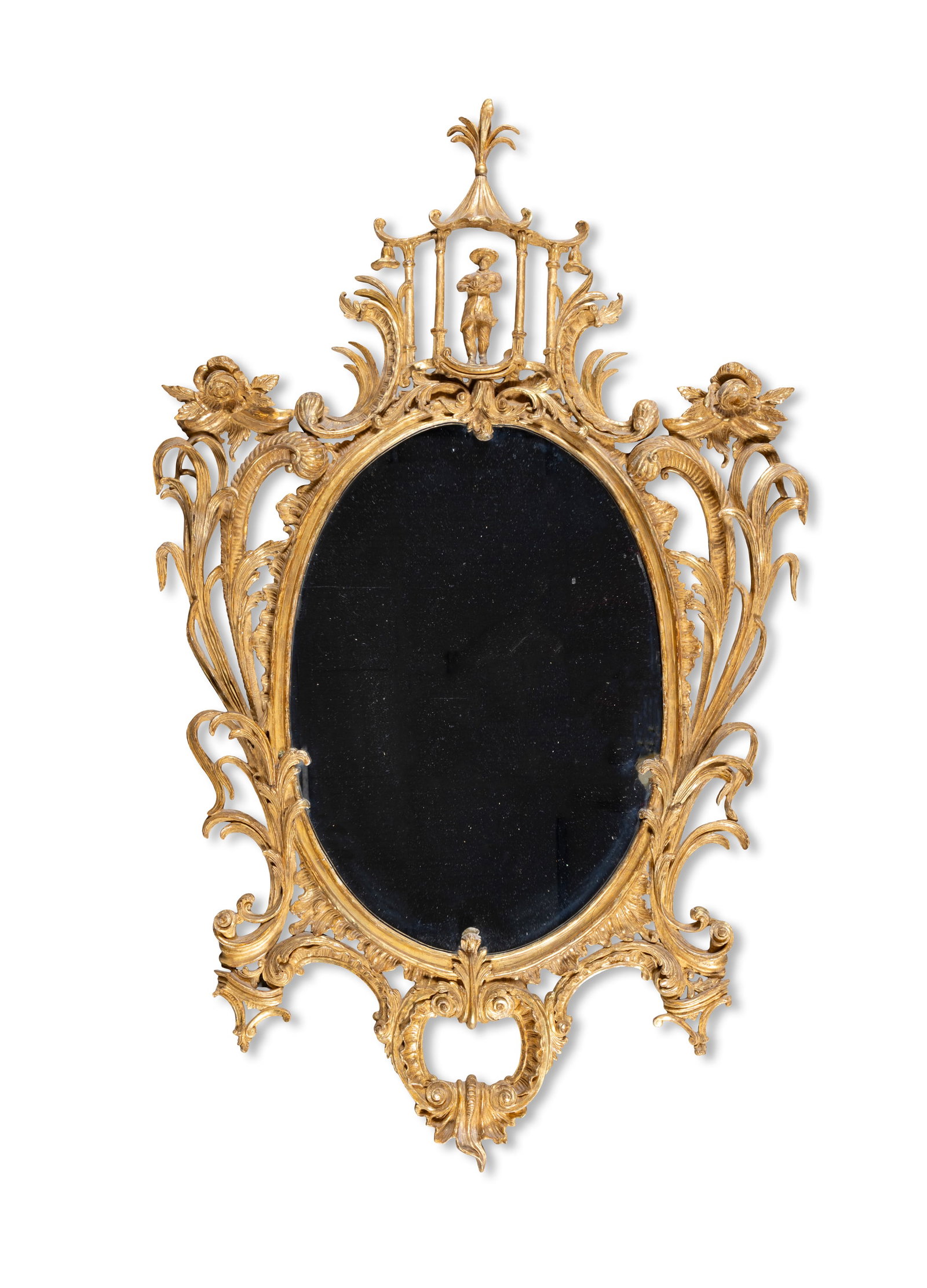 A GEORGE III CARVED GILTWOOD ROCOCO MIRROR OF OVAL FROM, surmounted by a pagoda and figural (1 of 4)