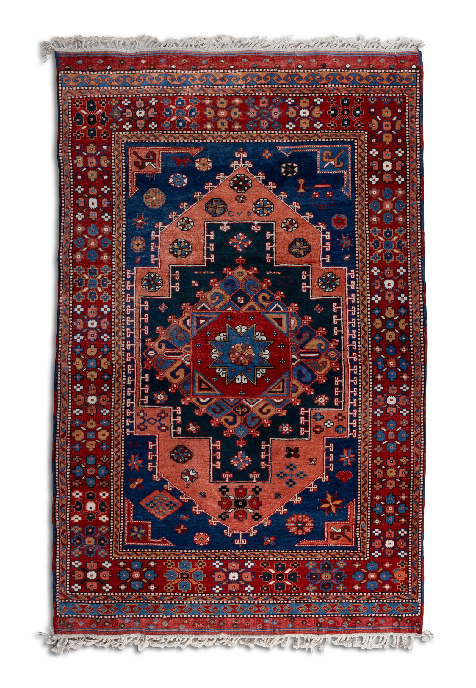 A TURKISH DOBAG RUG, 220 X 148CM, the central field woven with multiple medallions in blue, red, (1 of 6)