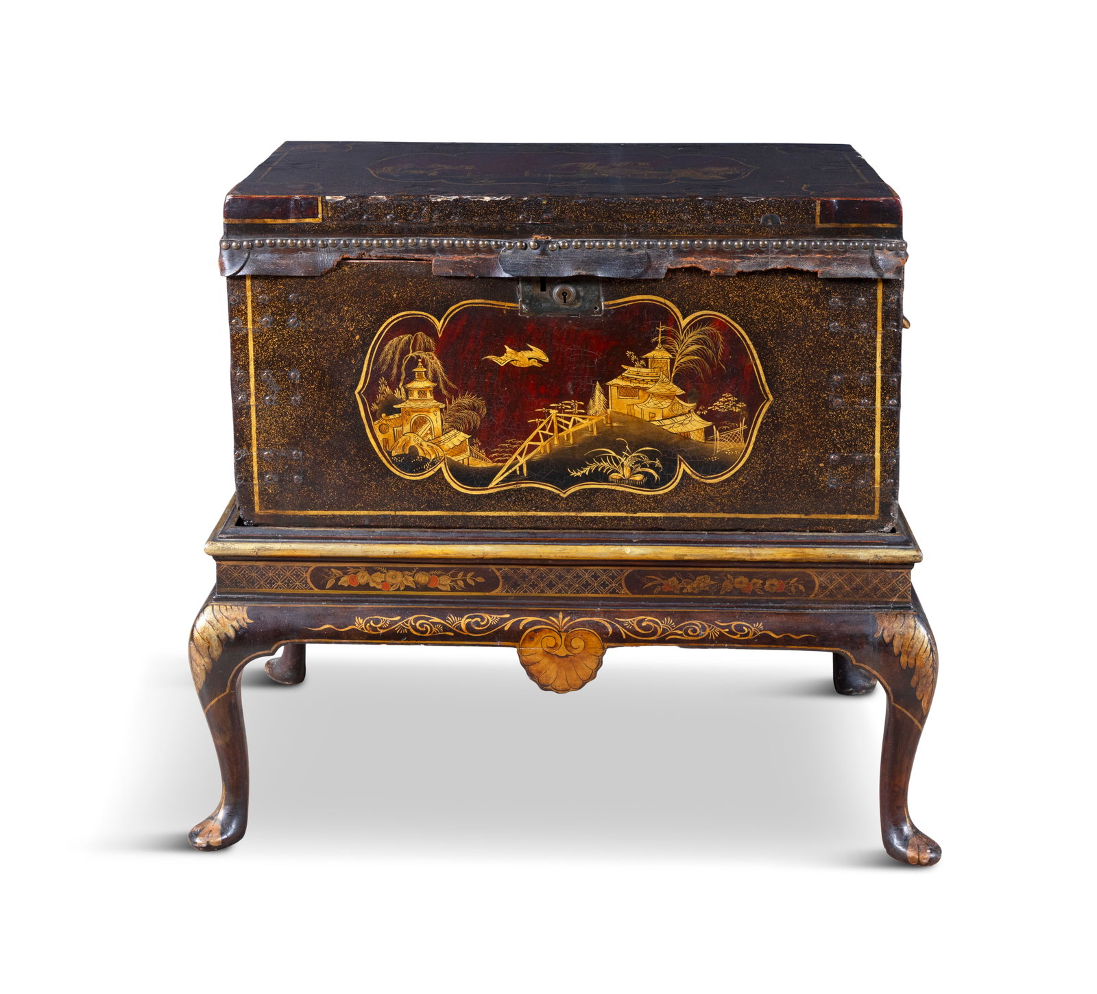 A 19TH CENTURY JAPANNED TRUNK ON STAND, the hinged leather clad top opening to a lift-out section, (1 of 8)