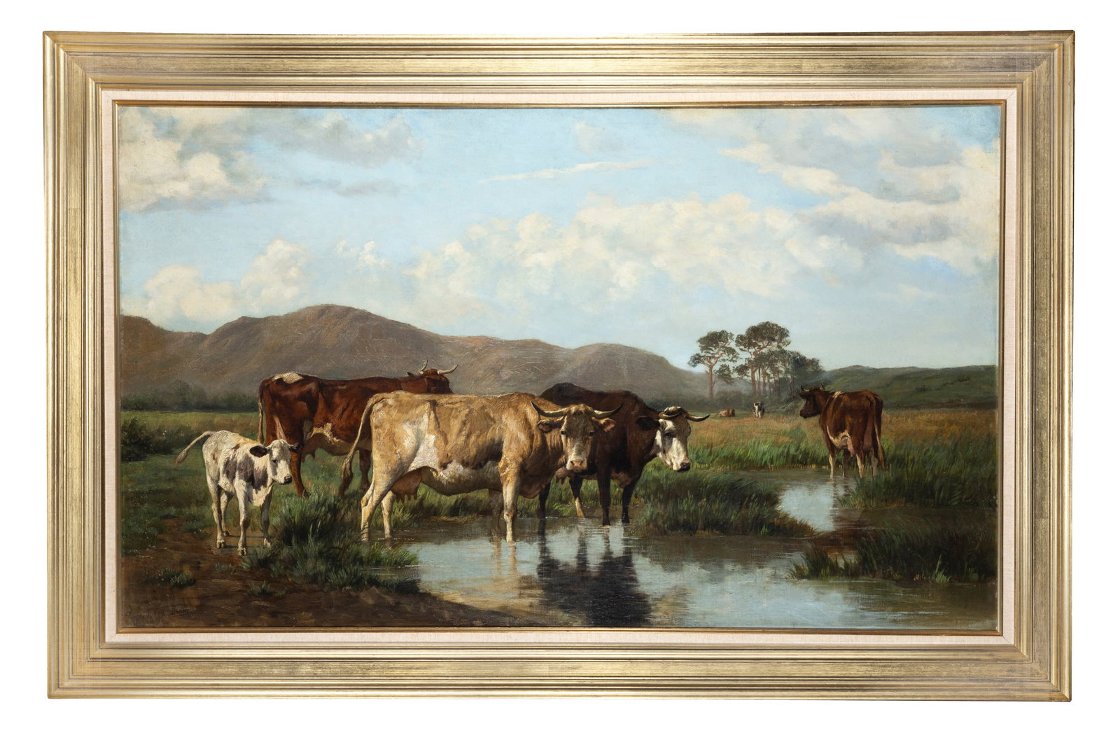 FRANS VAN DAMME (BELGIAN 1858 – 1925) Cattle Watering Oil on canvas, 76 x 127cm Signed (1 of 4)