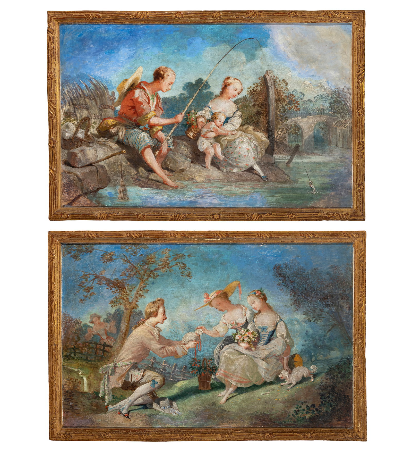 FRENCH SCHOOL, 19TH CENTURY Romantic Scene; and a Fishing Scene A pair, oil on board, 58 x 91cm: FRENCH SCHOOL, 19TH CENTURY Romantic Scene; and a Fishing Scene A pair, oil on board, 58 x 91cm