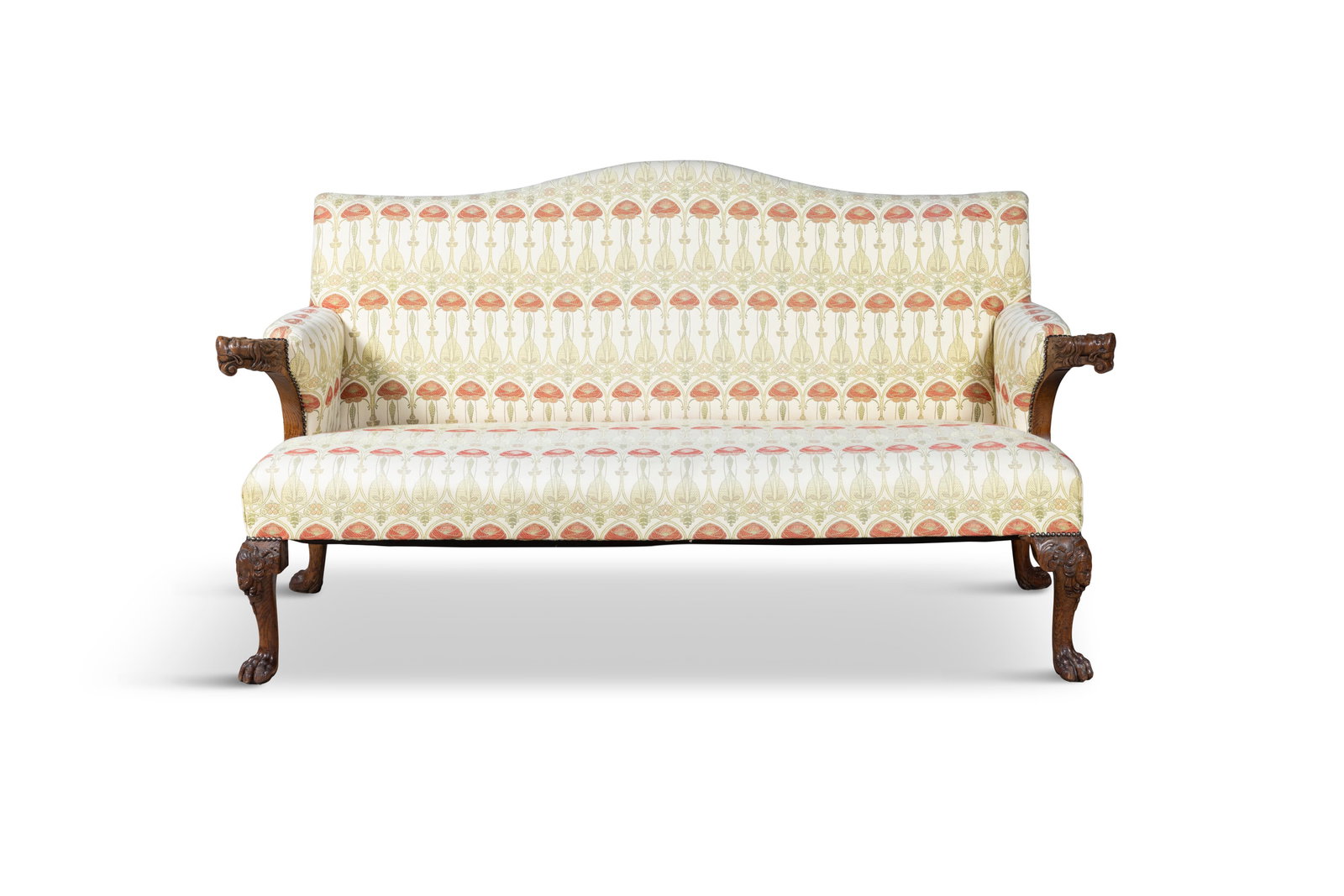 A GEORGE III OAK FRAMED HUMP BACKED SETTTEE with outturned lion mask arms, upholstered in an Art (1 of 5)