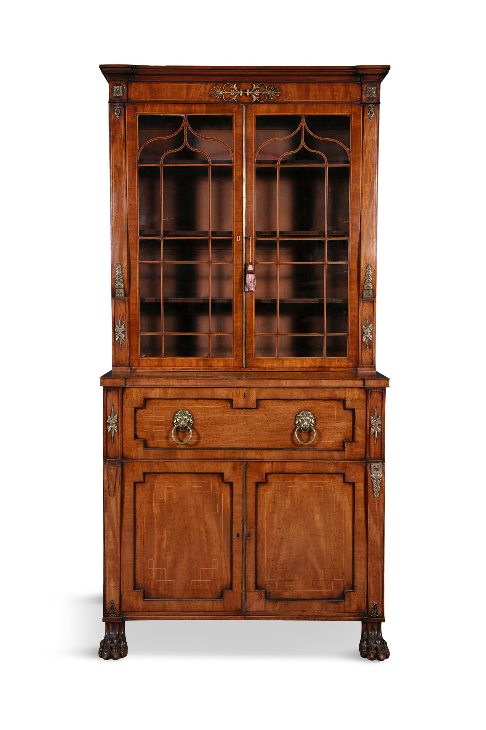 A GEORGE IV INLAID MAHOGANY SECRETAIRE BOOKCASE CIRCA 1820 fitted with moulded outset cornice above (1 of 2)
