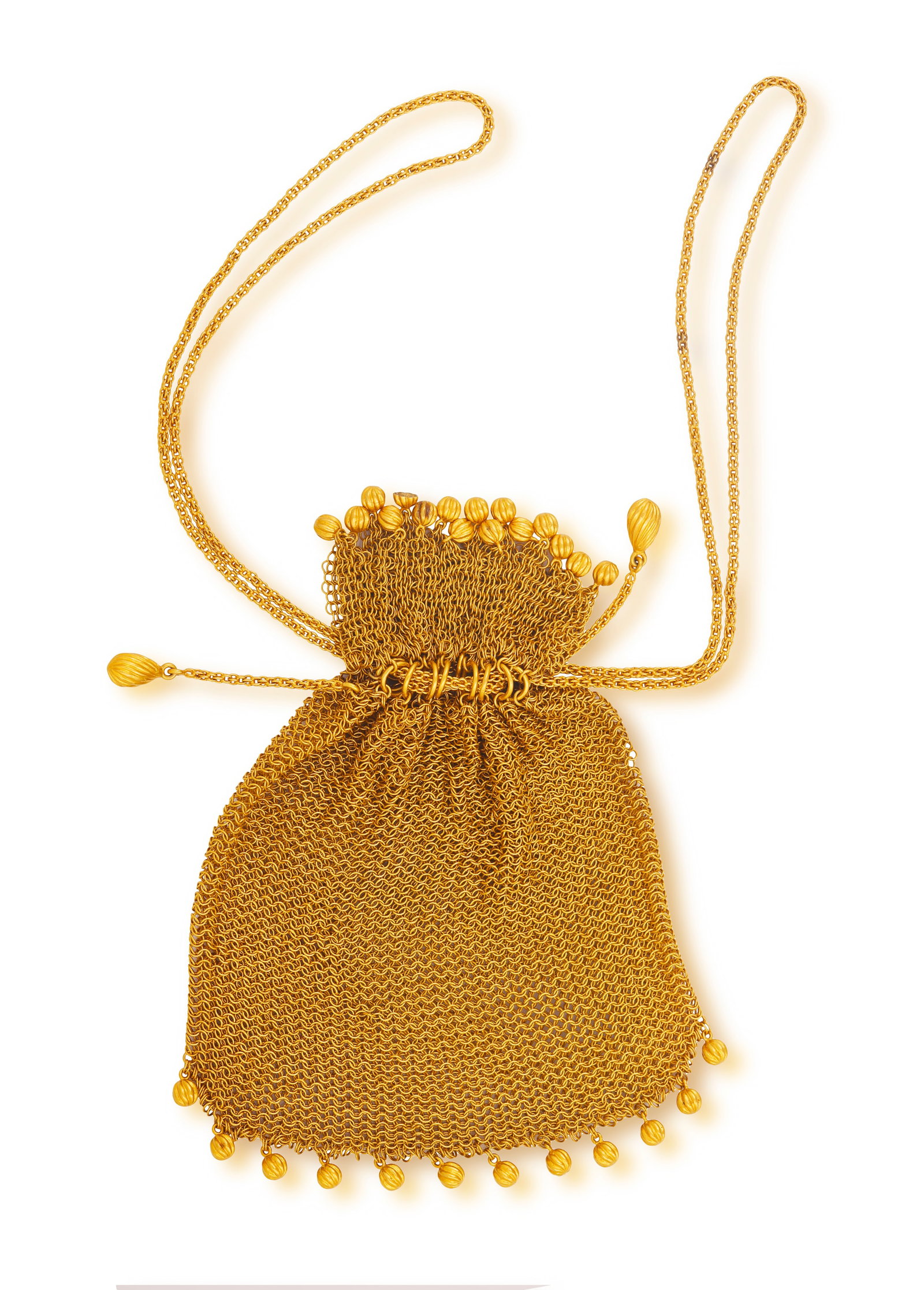 A LATE 19TH CENTURY/EARLY 20TH CENTURY GOLD RETICULE, CIRCA 1900 Private Collection from a: A LATE 19TH CENTURY/EARLY 20TH CENTURY GOLD RETICULE, CIRCA 1900 Private Collection from a descendant of the Armour Family (lot 40 to 58) Of drawstring form, the body composed of interlocking circular