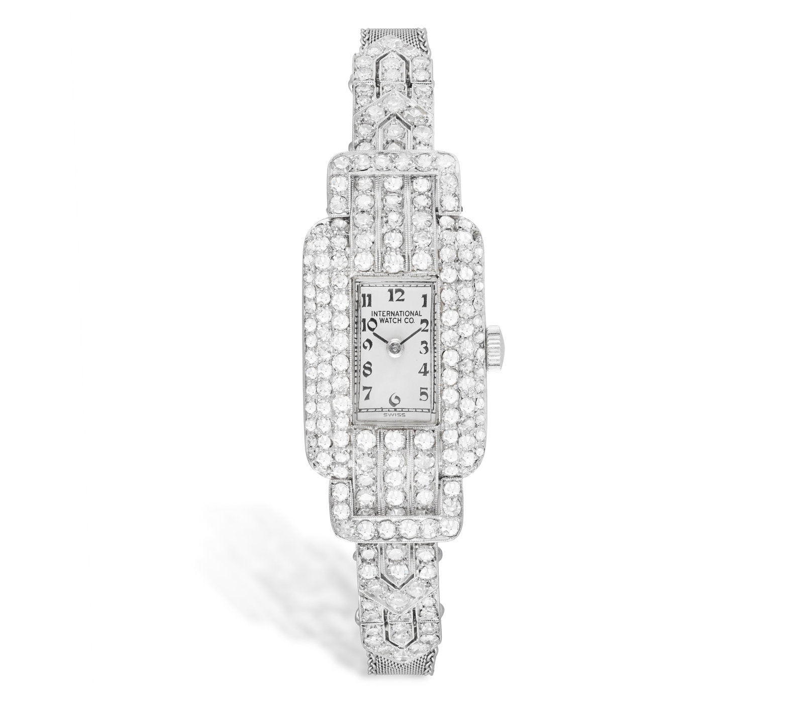 INTERNATIONAL WATCH CO.: A LADY'S ART DECO DIAMOND COCKTAIL WATCH Cal-431 manual wind movement, the: INTERNATIONAL WATCH CO.: A LADY'S ART DECO DIAMOND COCKTAIL WATCH Cal-431 manual wind movement, the rectangular silver dial with black painted Arabic numerals and hands, black outer minute tracker, to