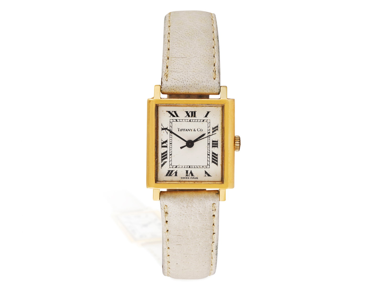 TIFFANY AND CO.: AN 18K GOLD WRISTWATCH 17-jewel Cal-2670 automatic movement, the rectangular white (1 of 2)
