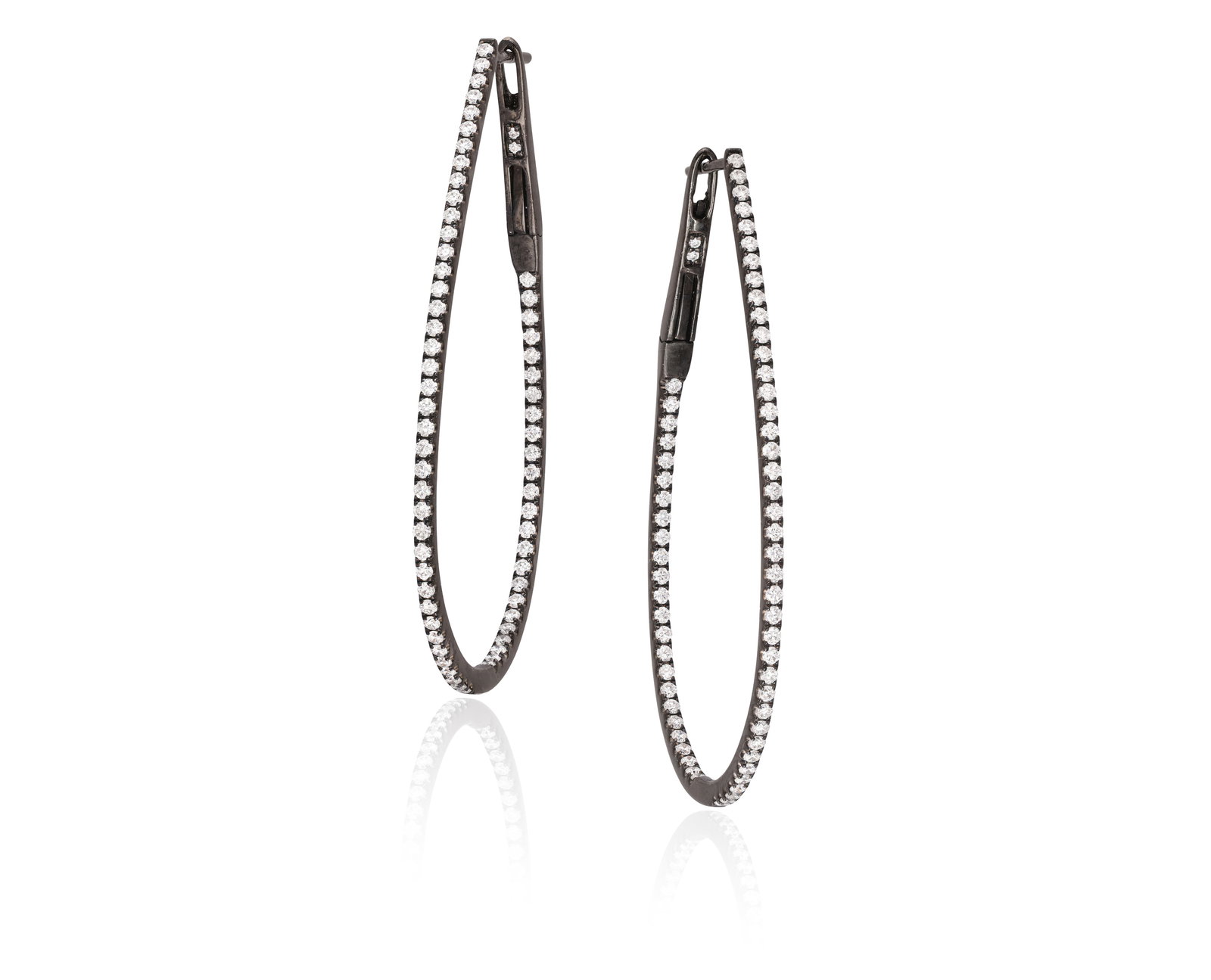 A PAIR OF DIAMOND HOOP EARRINGS Each hoop set with a line of brilliant-cut diamonds to the front: A PAIR OF DIAMOND HOOP EARRINGS Each hoop set with a line of brilliant-cut diamonds to the front and interior, mounted in 18K blackened gold, length 4.3cm