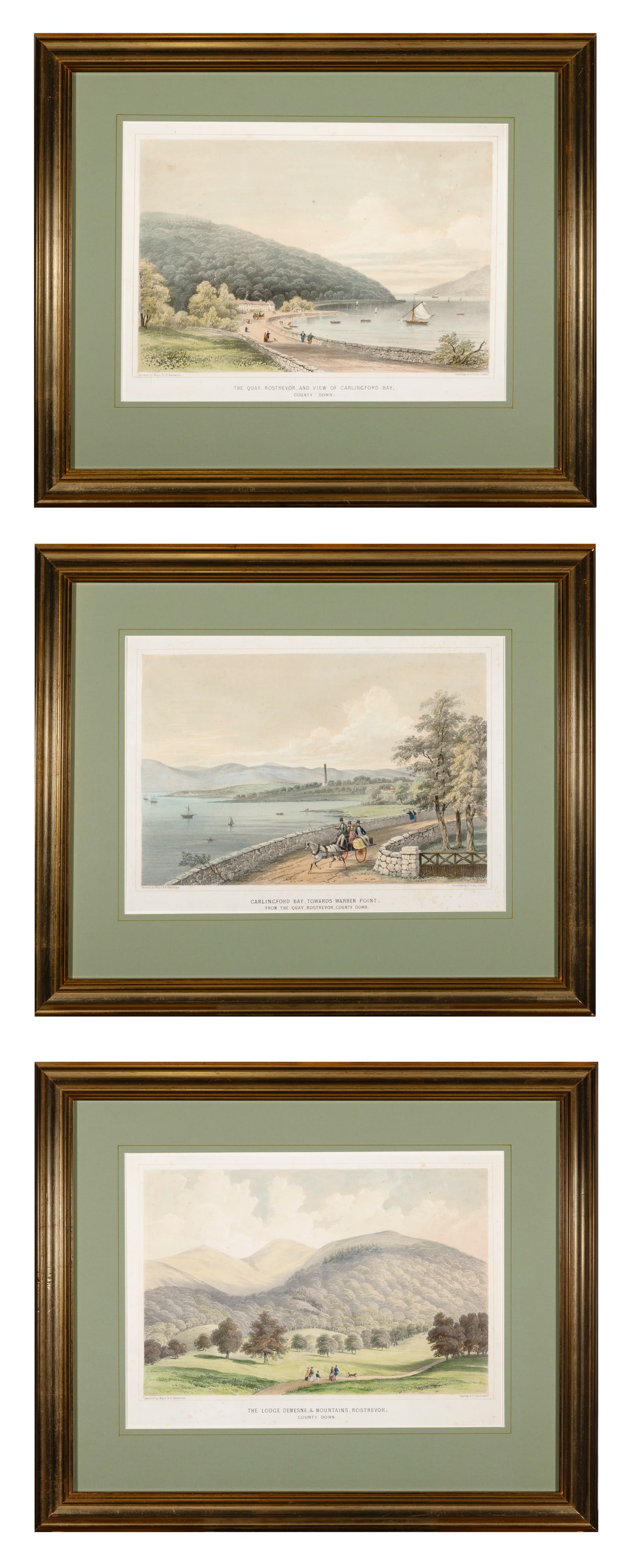 AFTER MAJOR H.B. HENDERSON (fl. 1850) A set of three views of Rostrevor, Carlingford Bay, and: AFTER MAJOR H.B. HENDERSON (fl. 1850) A set of three views of Rostrevor, Carlingford Bay, and surrounding landscapes The Quay, Rostrevor and View of Carlingford Bay, Co. Down; The Lodge Demesne & Moun