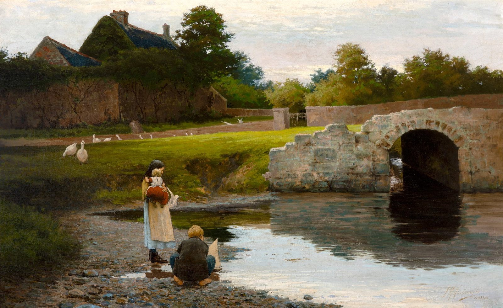 Joseph Malachy Kavanagh RHA (1856-1918) Children playing by a Bridge (probably Watermill Bridge, (1 of 4)