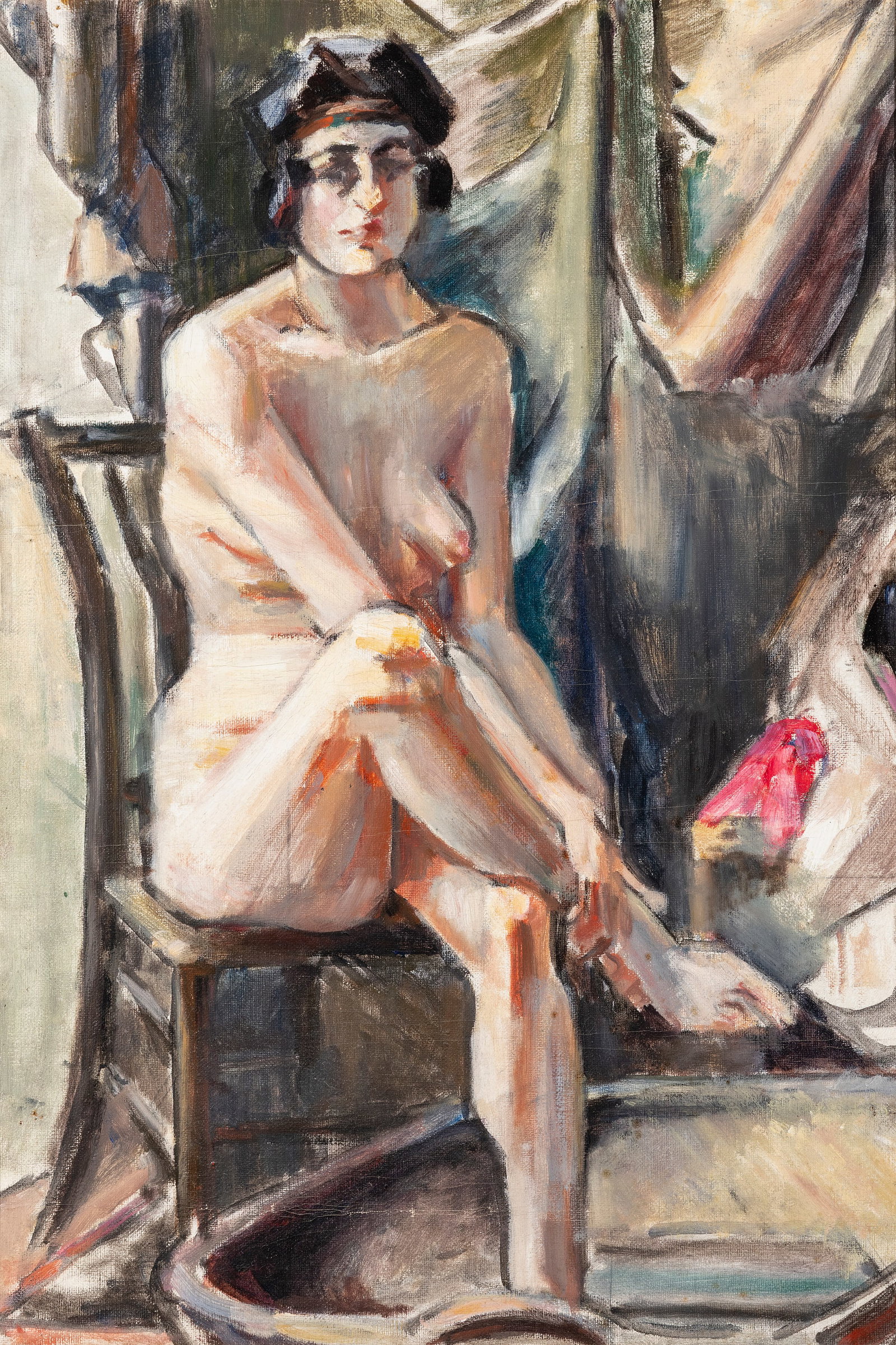 Mainie Jellett (1897-1944) Nude Portrait of a Girl Seated in an Interior Oil on canvas, 54 x 34cm: Mainie Jellett (1897-1944) Nude Portrait of a Girl Seated in an Interior Oil on canvas, 54 x 34cm (21_ x 13_'') Provenance: A gift to the present owners from Bruce Arnold