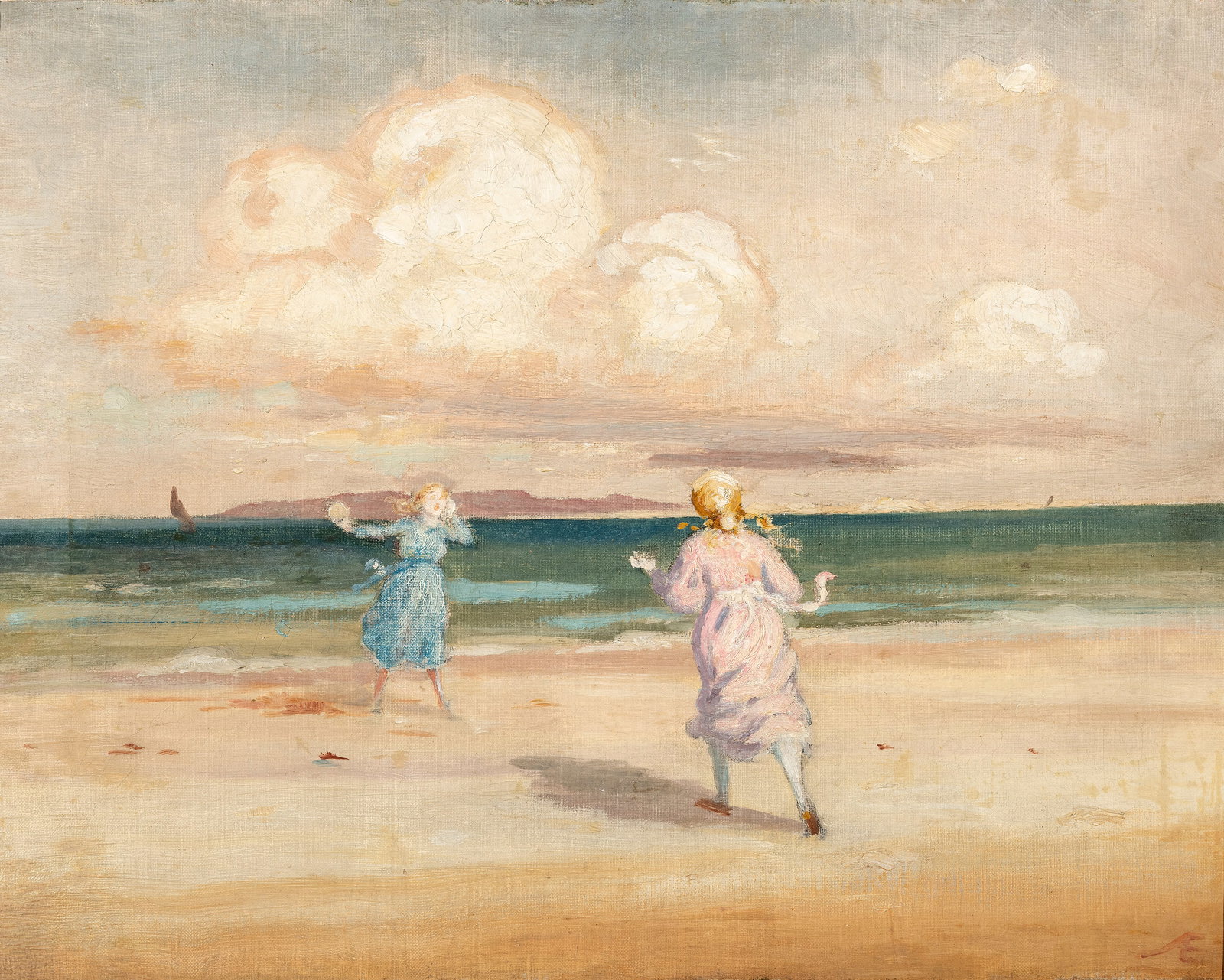 George Russell (1867-1935) Two Girls Playing by the Seashore Oil on canvas, 41 x 53.5cm (16 x: George Russell (1867-1935) Two Girls Playing by the Seashore Oil on canvas, 41 x 53.5cm (16 x 21'') Provenance: With Pyms Gallery, London; Sale, Whytes, 2nd March, 2009, Lot 76 George William Russell 