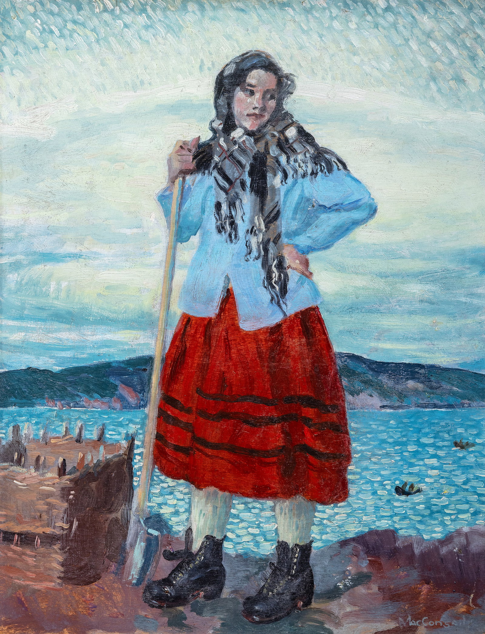 Maurice MacGonigal PPRHA (1900-1979) ?Turf Girl, by the Sea, Connemara? Oil on board, 39 x 30cm: Maurice MacGonigal PPRHA (1900-1979) ?Turf Girl, by the Sea, Connemara? Oil on board, 39 x 30cm (15_ x 11_) Signed Provenance: Collection of Fr. Eric MacFhinn, Galway (Patron of the arts and noted sch