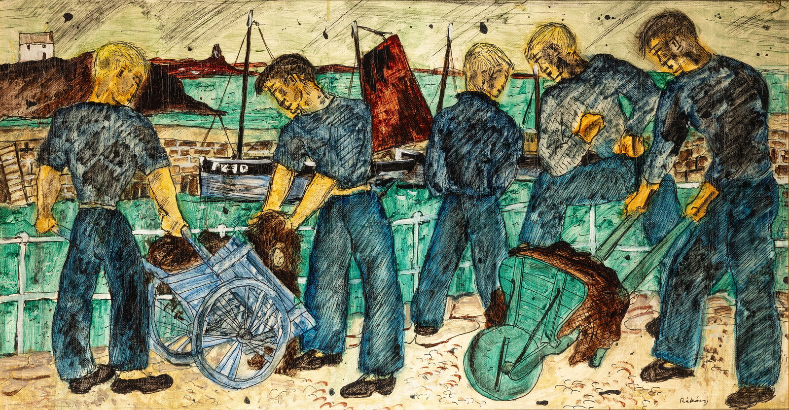 Basil Ivan Rakoczi (1908-1979) Fishermen on the Pier Oil on canvas, 43 x 84cm (17 x 33'') Signed: Basil Ivan Rakoczi (1908-1979) Fishermen on the Pier Oil on canvas, 43 x 84cm (17 x 33'') Signed Provenance: From the estate of Basil Rakoczi to Jacqueline Robinson, Paris, the Collection of Bruce Arn