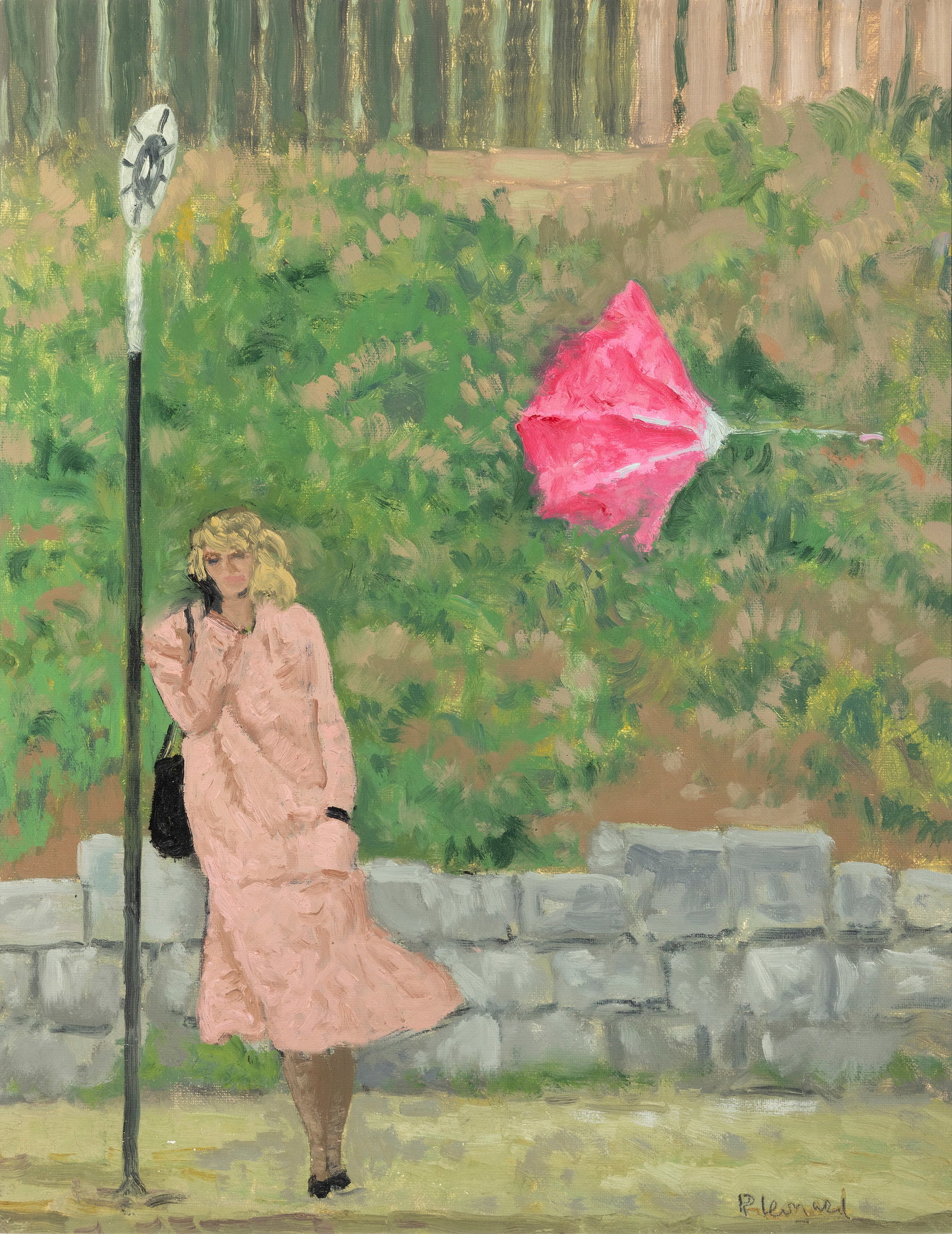 Patrick Leonard HRHA (1918-2005) Girl at a Bus Stop, her Umbrella Blown away by the Wind Oil on (1 of 4)