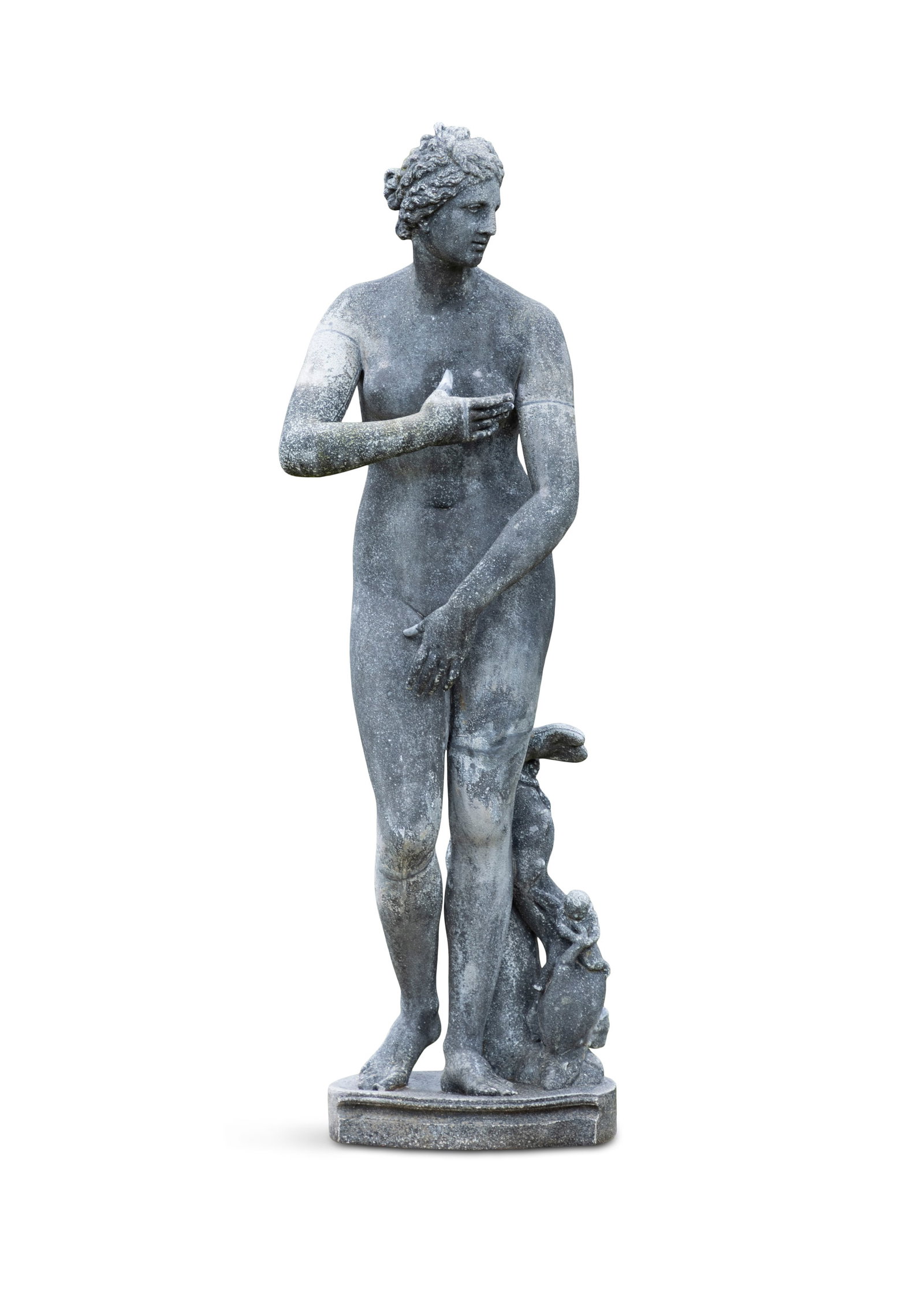 A ZINC SCULPTURE OF A CLASSICAL FEMALE NUDE, modelled standing against a tree stump, with putti (1 of 2)