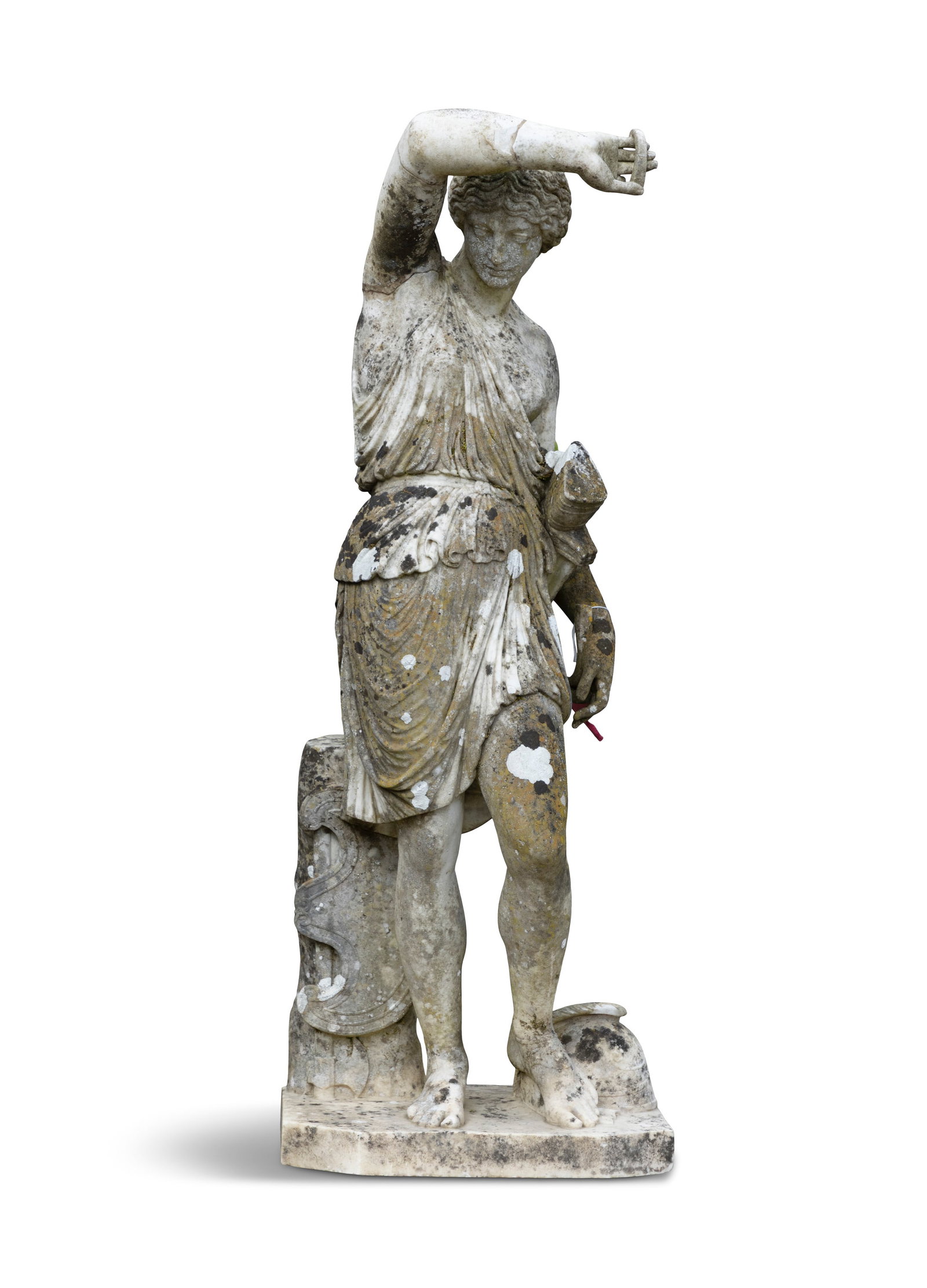 A CARVED WHITE MARBLE STATUE OF A CLASSICAL FEMALE, POSSIBLY MINERVA, standing erect with halberd (1 of 4)