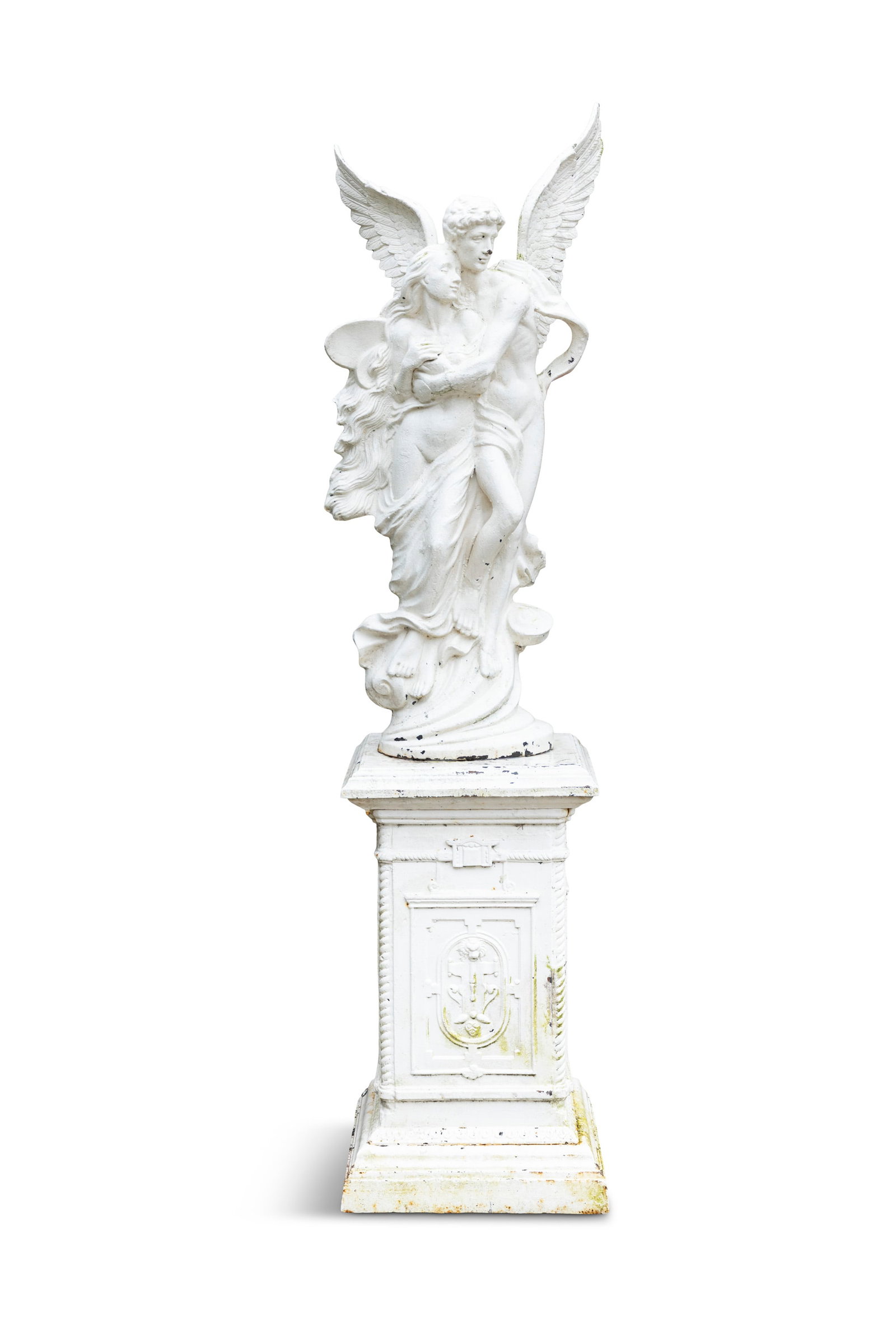 A WHITE PAINTED CAST IRON GARDEN STATUE OF CUPID AND PYSCHE, modelled standing, in embrace, on (1 of 4)