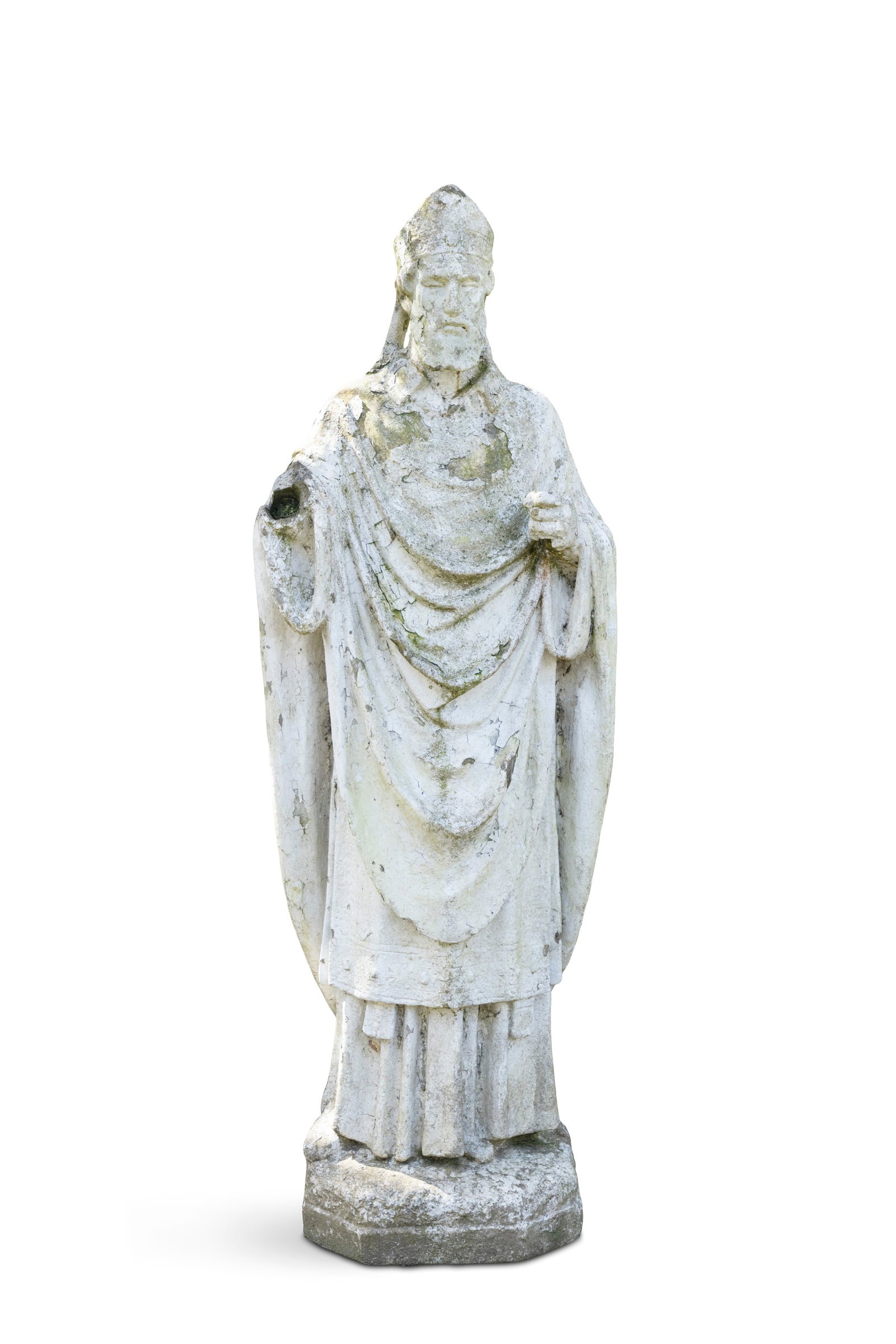 A LIMESTONE STATUE OF ST PATRICK, (one hand lost) modelled standing in ecclesial robes. 170cm high: A LIMESTONE STATUE OF ST PATRICK, (one hand lost) modelled standing in ecclesial robes. 170cm high Provenance: Ballyfin House, Co. Laois This statue and that of Joseph and the Christ child stood outsi