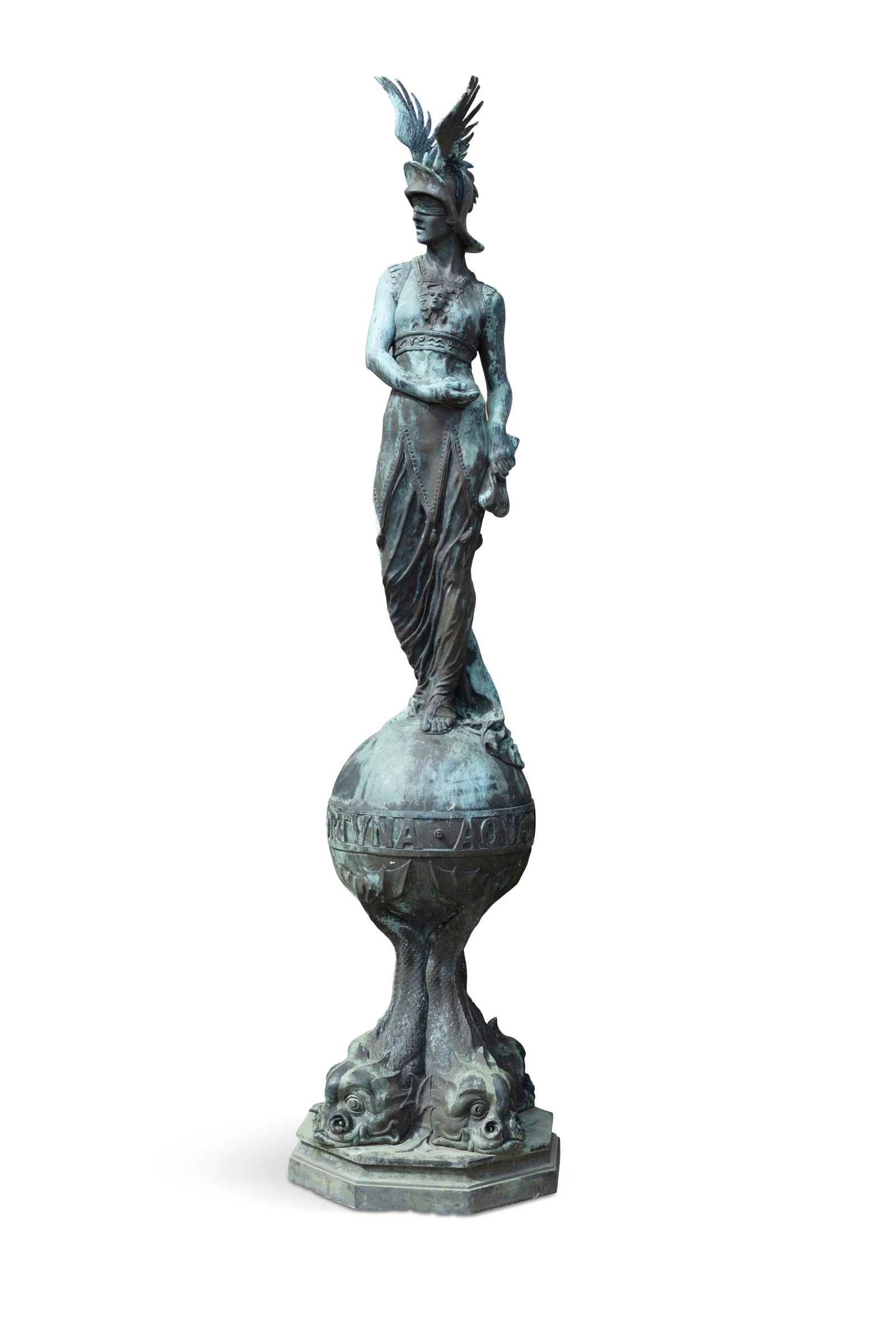 A BRONZE ALLEGORY OF FORTUNE, blind folded and wearing a winged helmet, standing on a globe (1 of 3)