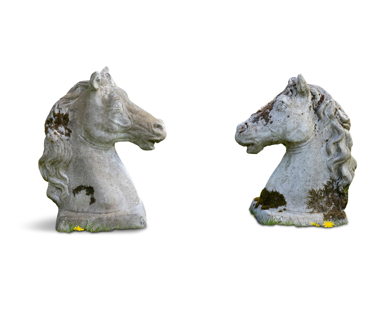 A PAIR OF COMPOSITE STONE HORSE-HEAD PIER CAPS, 48cm tall (1 of 4)