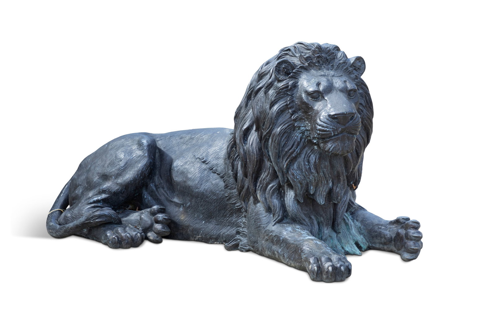 A PAIR OF LIFESIZE BRONZED METAL RECUMBENT LIONS, each male with tousled manes. 75cm high, 155cm (1 of 4)
