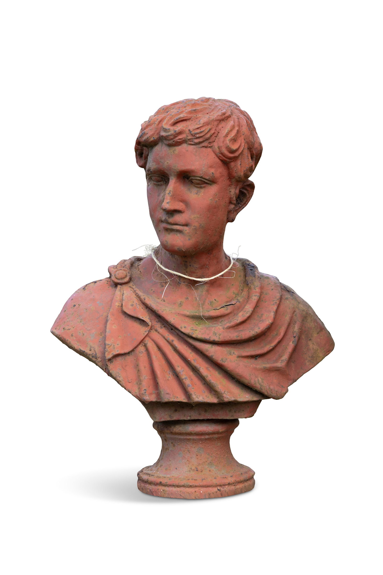 A RED PAINTED CAST IRON BUST OF A ROMAN EMPEROR, 61cm high: A RED PAINTED CAST IRON BUST OF A ROMAN EMPEROR, 61cm high