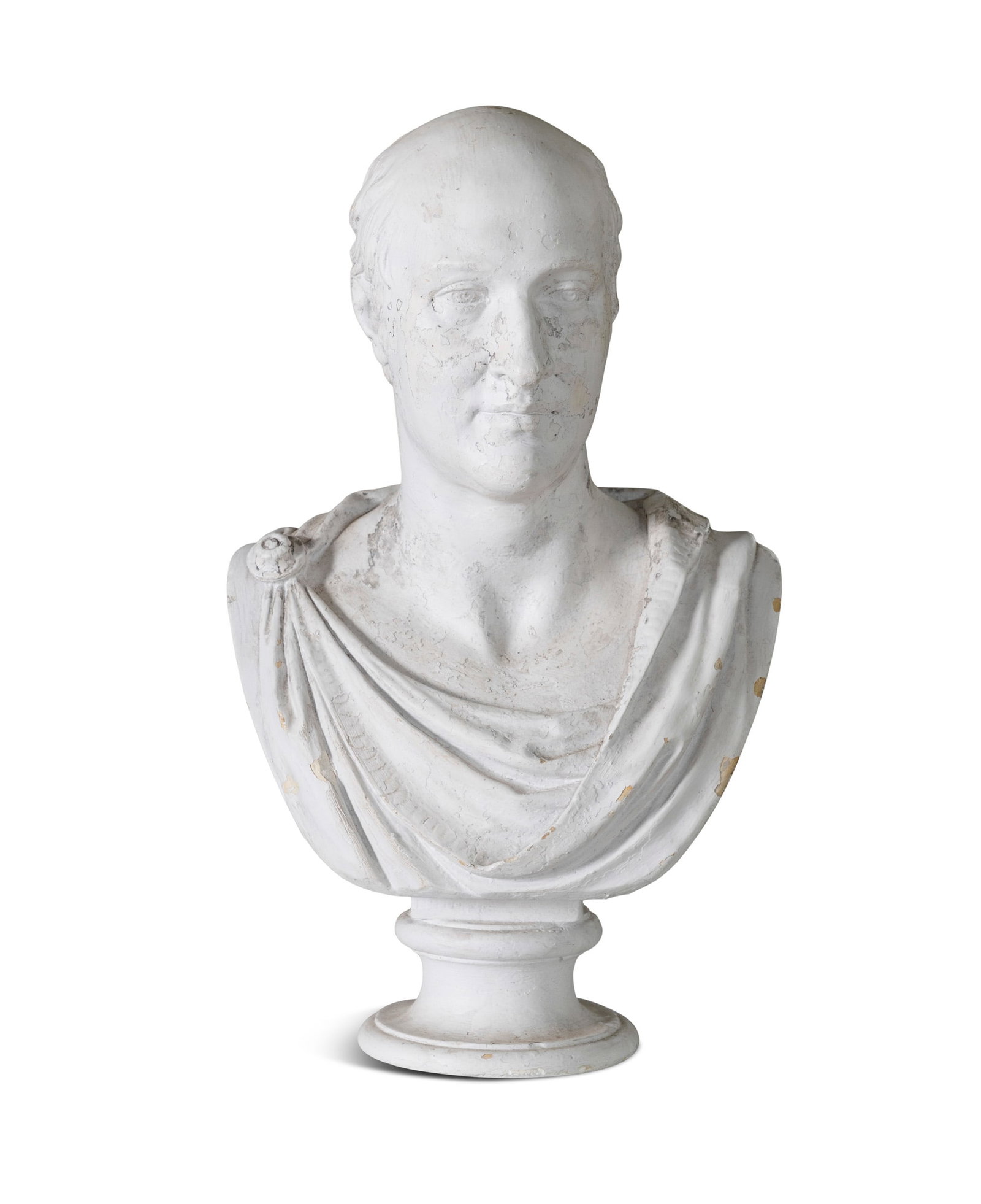 A WHITE PAINTED PLASTER CLASSICAL BUST, draped in robes on a socle base, 65cm high: A WHITE PAINTED PLASTER CLASSICAL BUST, draped in robes on a socle base, 65cm high