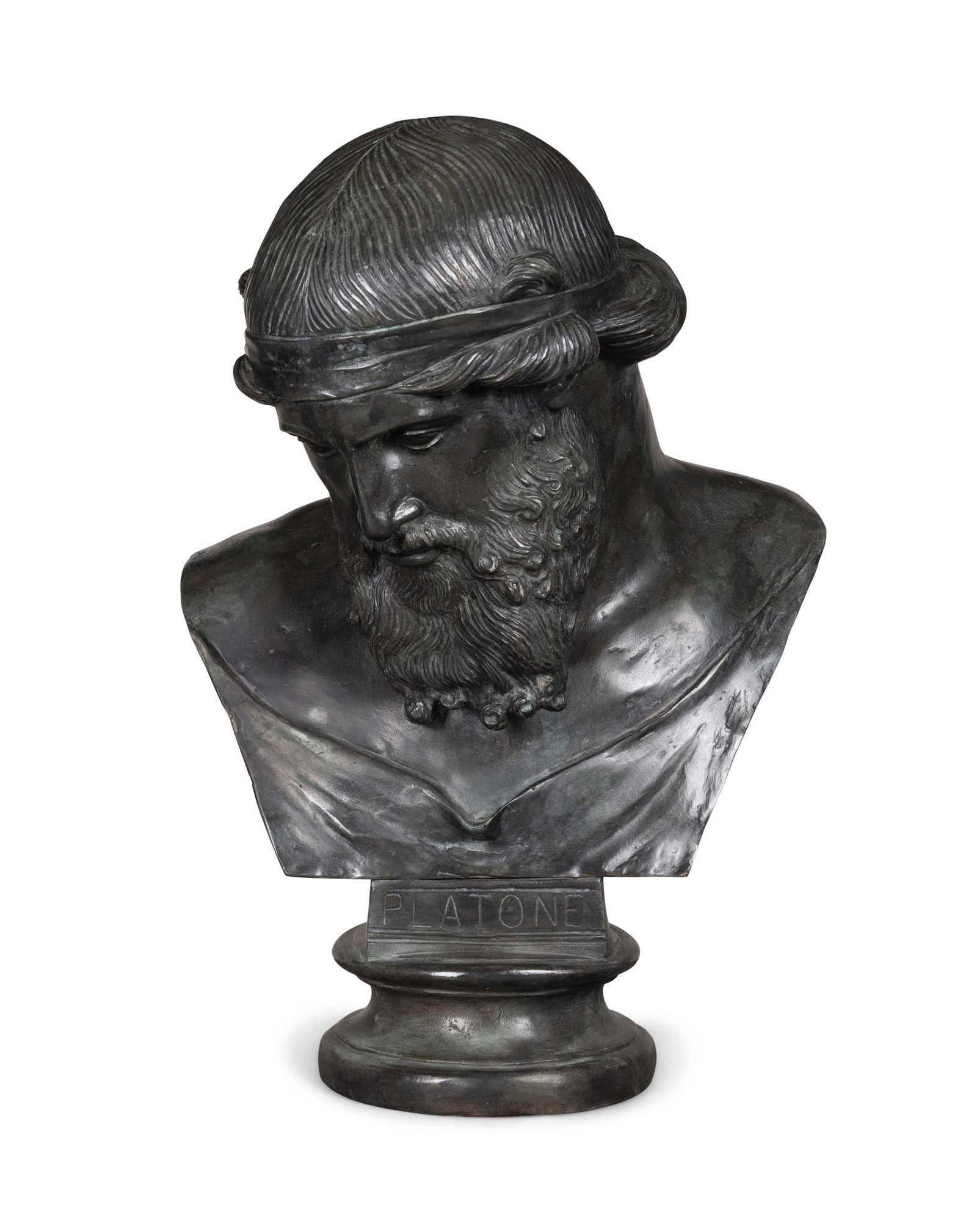 AN ITALIAN BRONZE BUST OF PLATO, BY CHIURAZZI, NAPOLI on circular socle base, signed: AN ITALIAN BRONZE BUST OF PLATO, BY CHIURAZZI, NAPOLI on circular socle base, signed