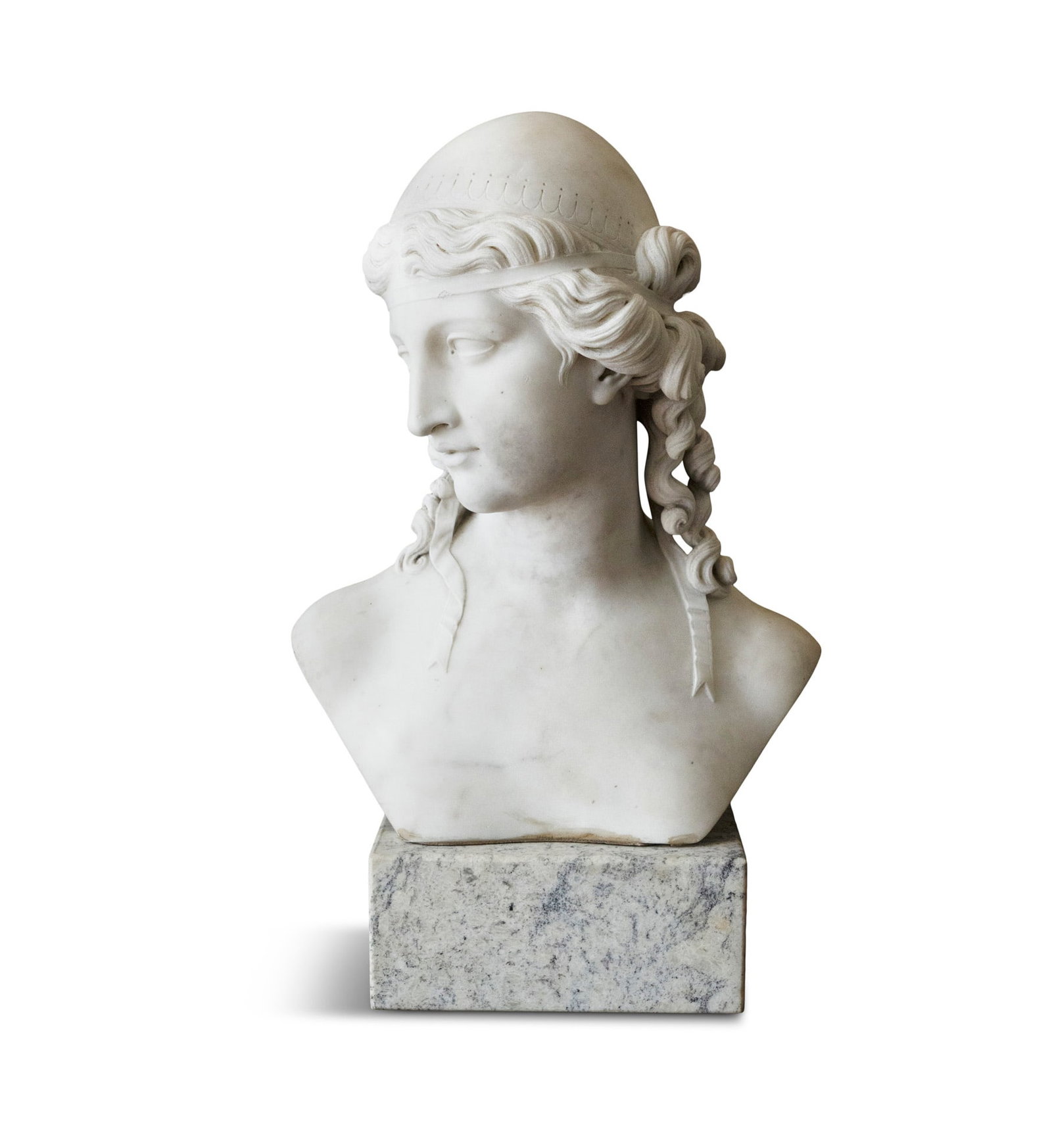JOHN GIBSON RA (1790 - 1866) Marble bust of a classical female with headdress Signed 'I Gibson F T (1 of 2)