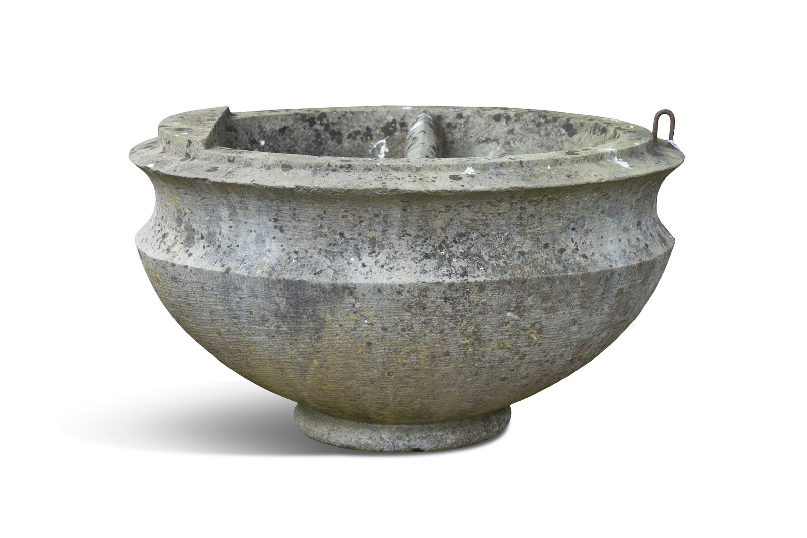 A LIMESTONE DOUBLE WATER FONT, the oval bowl with divided reserve and flared rim above a narrow (1 of 4)