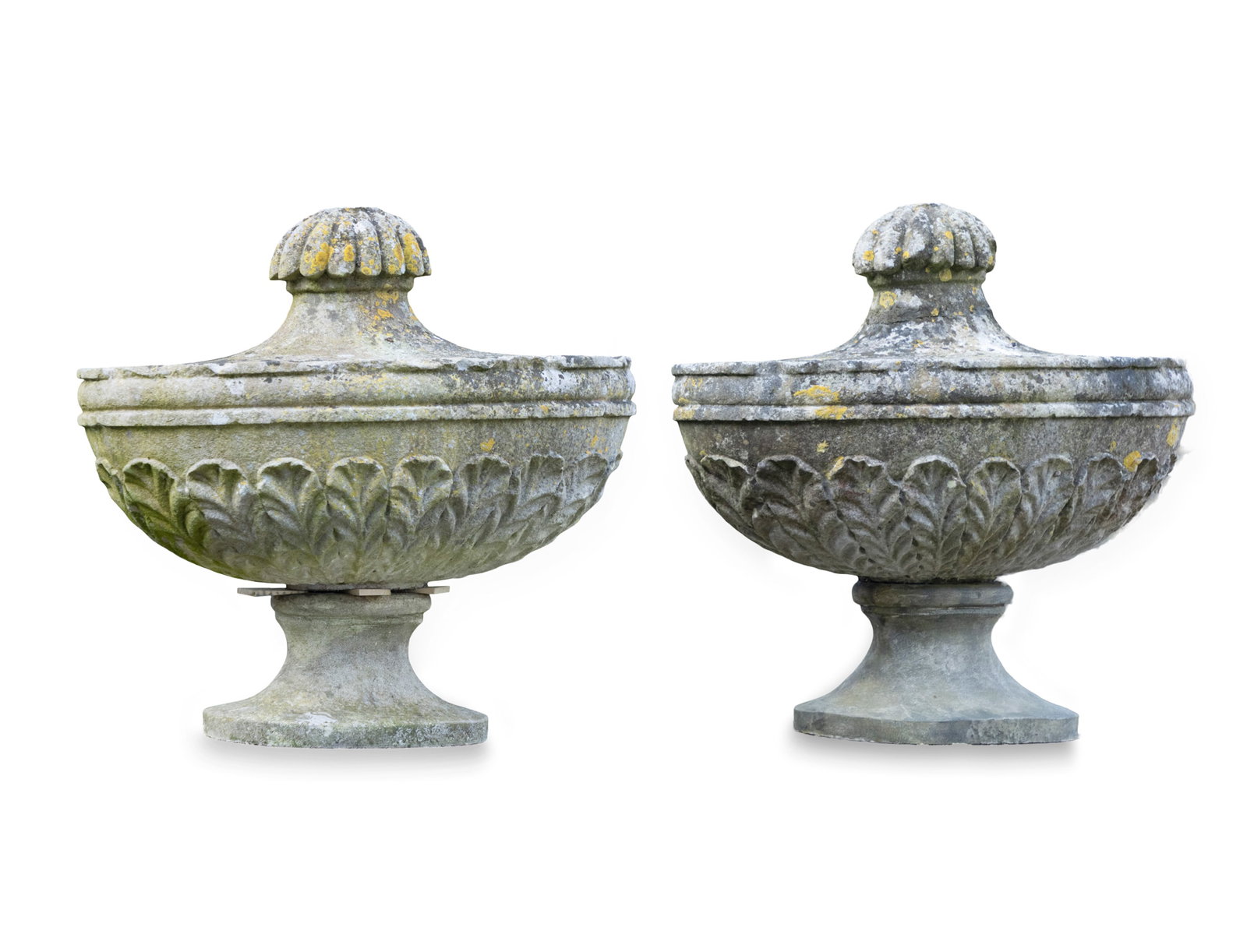 A PAIR OF 18TH CENTURY PORTLAND STONE URNS, oval form, fluted finial, bodies with leaf carved: A PAIR OF 18TH CENTURY PORTLAND STONE URNS, oval form, fluted finial, bodies with leaf carved decoration on waisted socles and plinth bases, 38 x 15cm high, 58cm wide