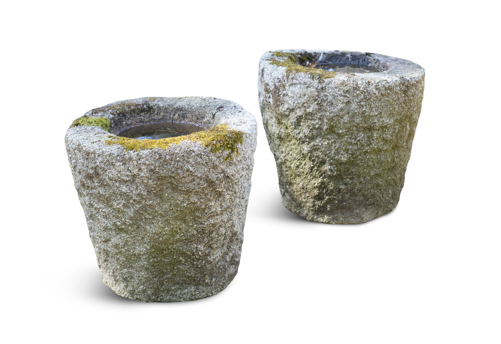 A PAIR OF GRANITE HORSE WATER TROUGHS, upright cylindrical form, each c. 40cm high (1 of 2)
