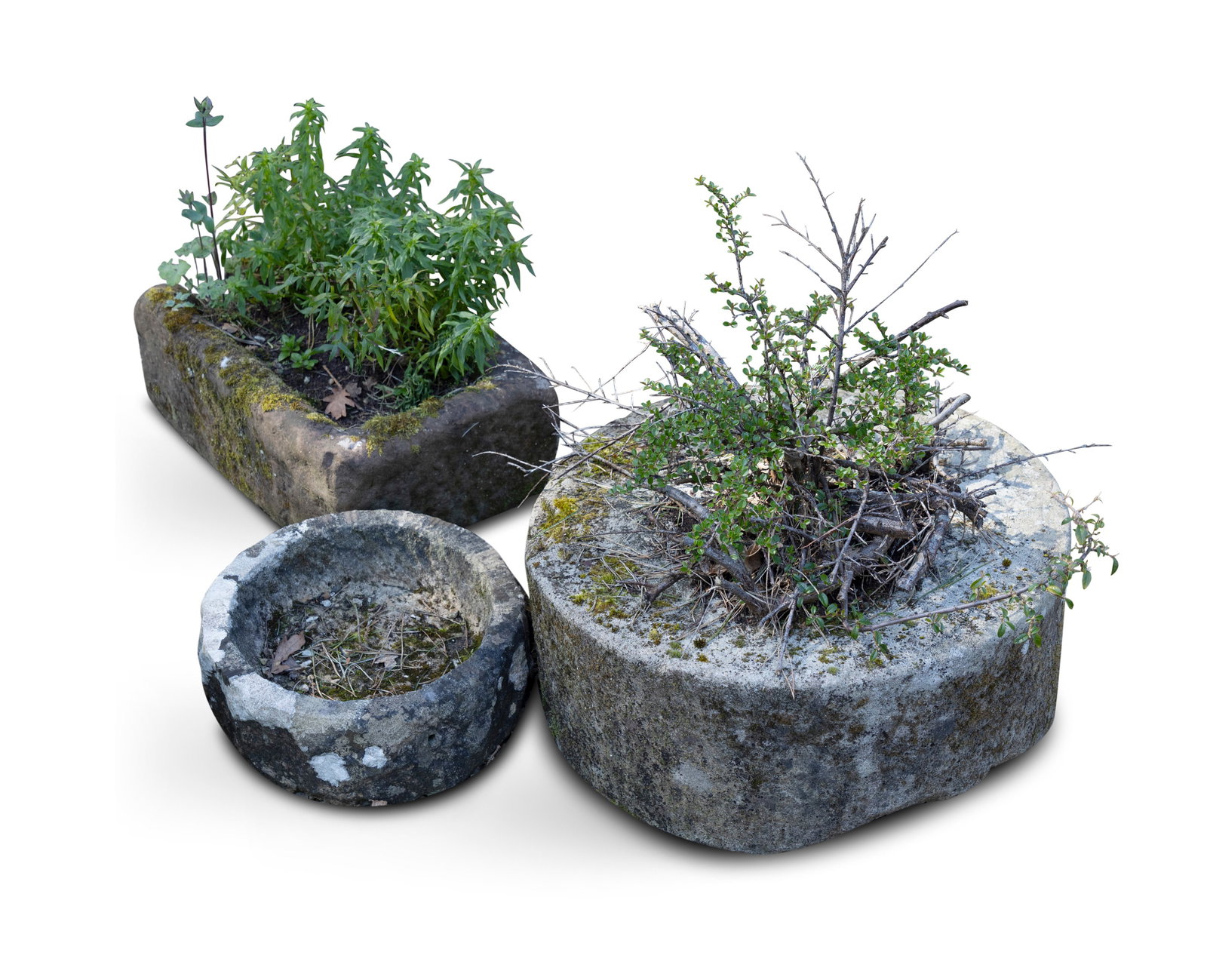 A SELECTION OF THREE NEAT SIZED CARVED LIMESTONE TROUGH PLANTERS, Including two of circular form (1 of 2)