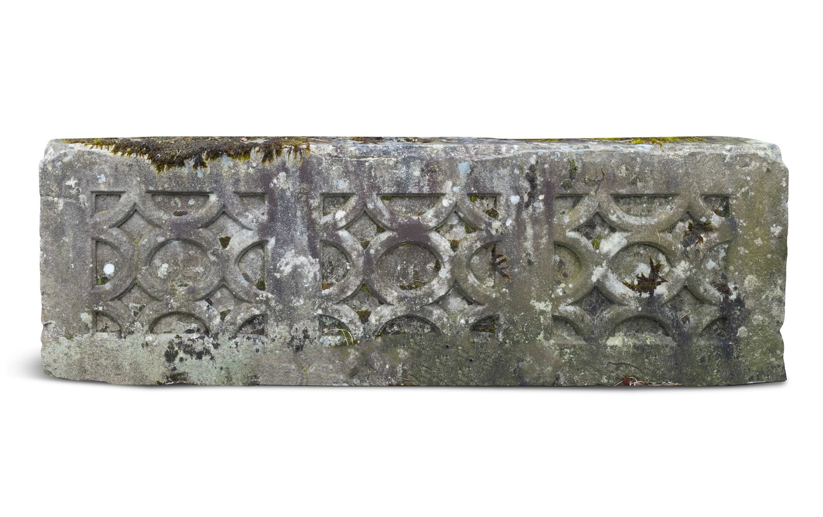 ***WITHDRAWN*** A CARVED LIMESTONE PANEL, 18th/19th century, of rectangular form with blind fret: ***WITHDRAWN*** A CARVED LIMESTONE PANEL, 18th/19th century, of rectangular form with blind fret insets, 66cm high, 199cm wide, 17cm deep
