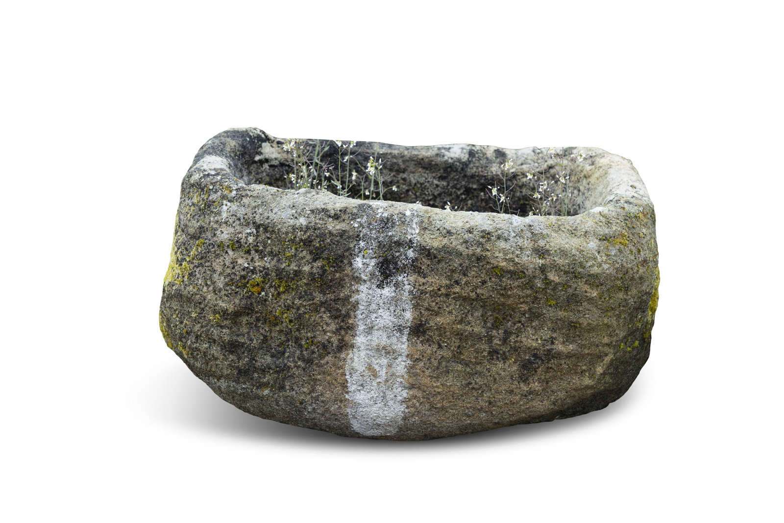 A SMALL STONE TROUGH, 19th century, of shaped rectangular form with ribbed edges, 28cm high, 51cm: A SMALL STONE TROUGH, 19th century, of shaped rectangular form with ribbed edges, 28cm high, 51cm wide, 43cm deep