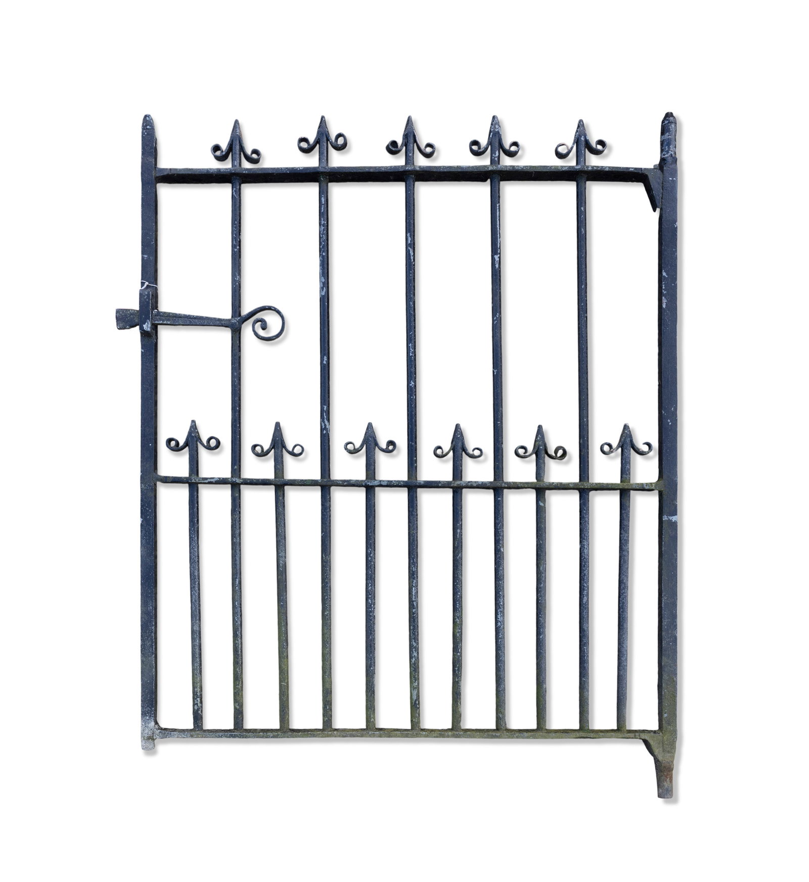 A BLACK PAINTED FIVE BAR WROUGHT IRON PEDESTRIAN GATE, the five central bars with arrow head (1 of 2)