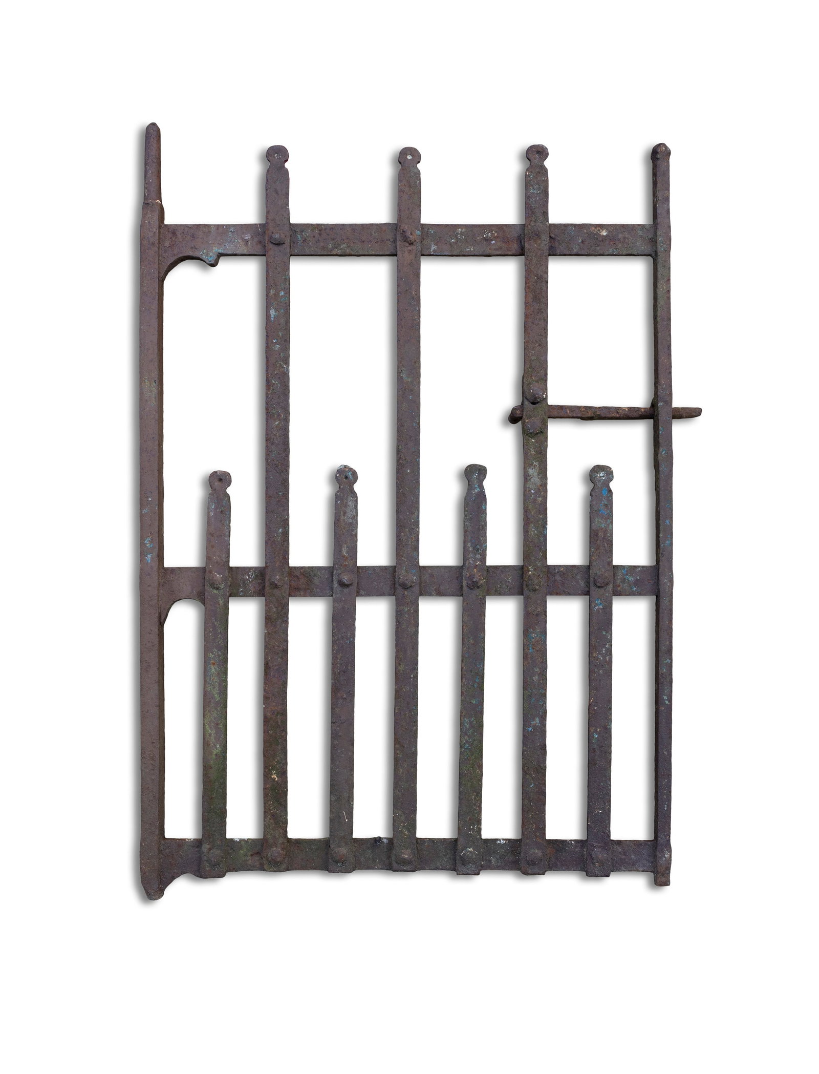 A BROWN PAINTED WROUGHT IRON GATE, pedestrian, with alternating full length and half length bars, (1 of 1)